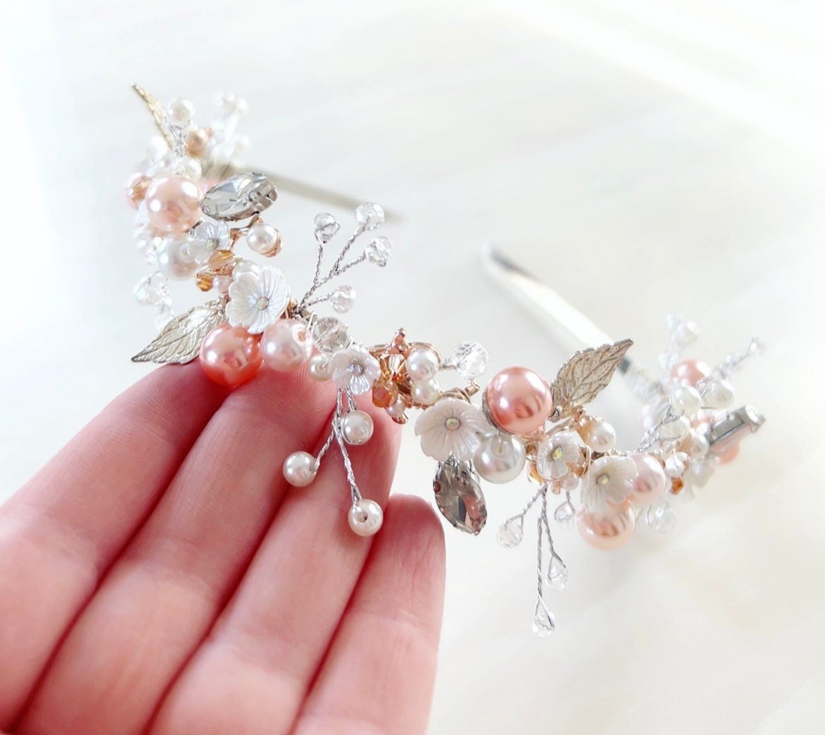 Coral and Silver leaf bridal headband - Petal & Pearl