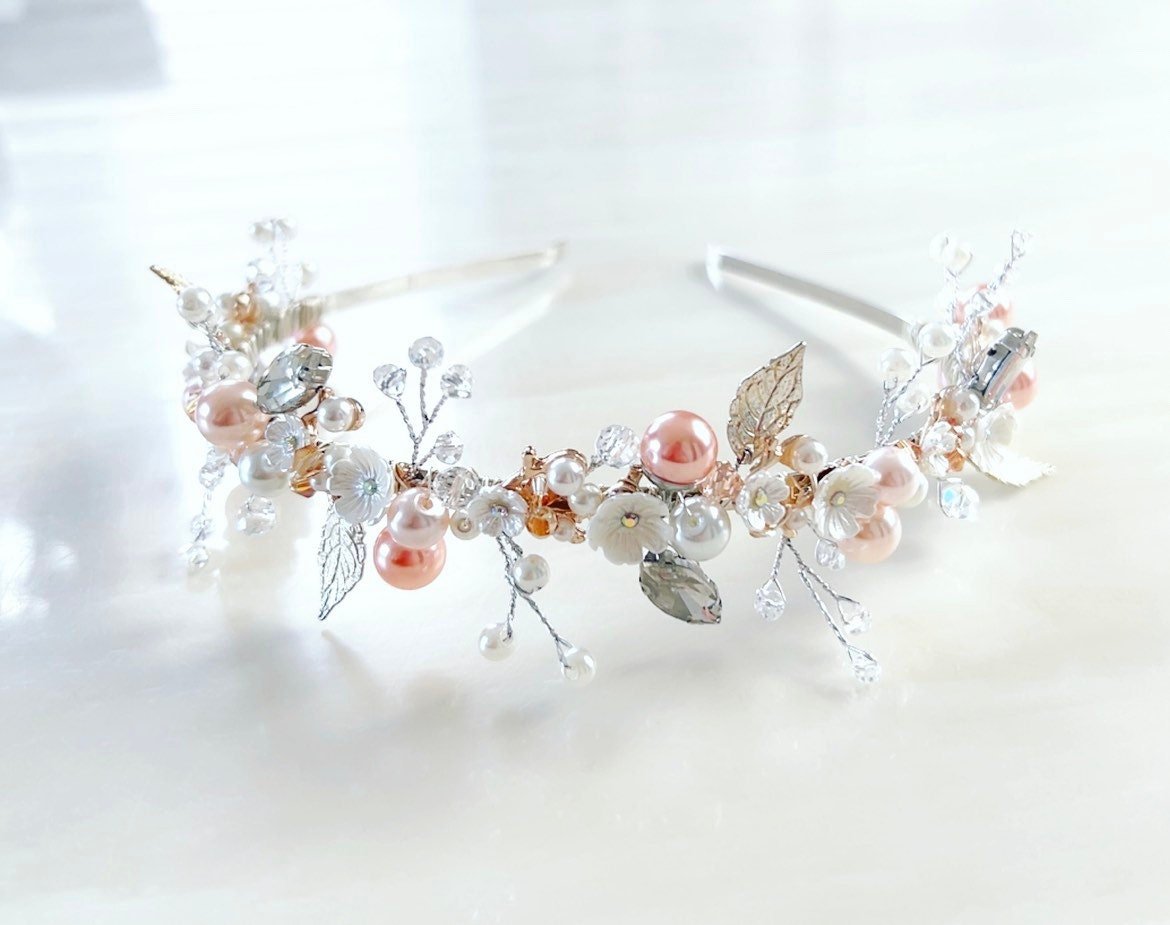 Coral and Silver leaf bridal headband - Petal & Pearl