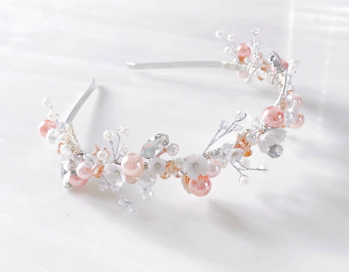 Coral and Silver leaf bridal headband - Petal & Pearl