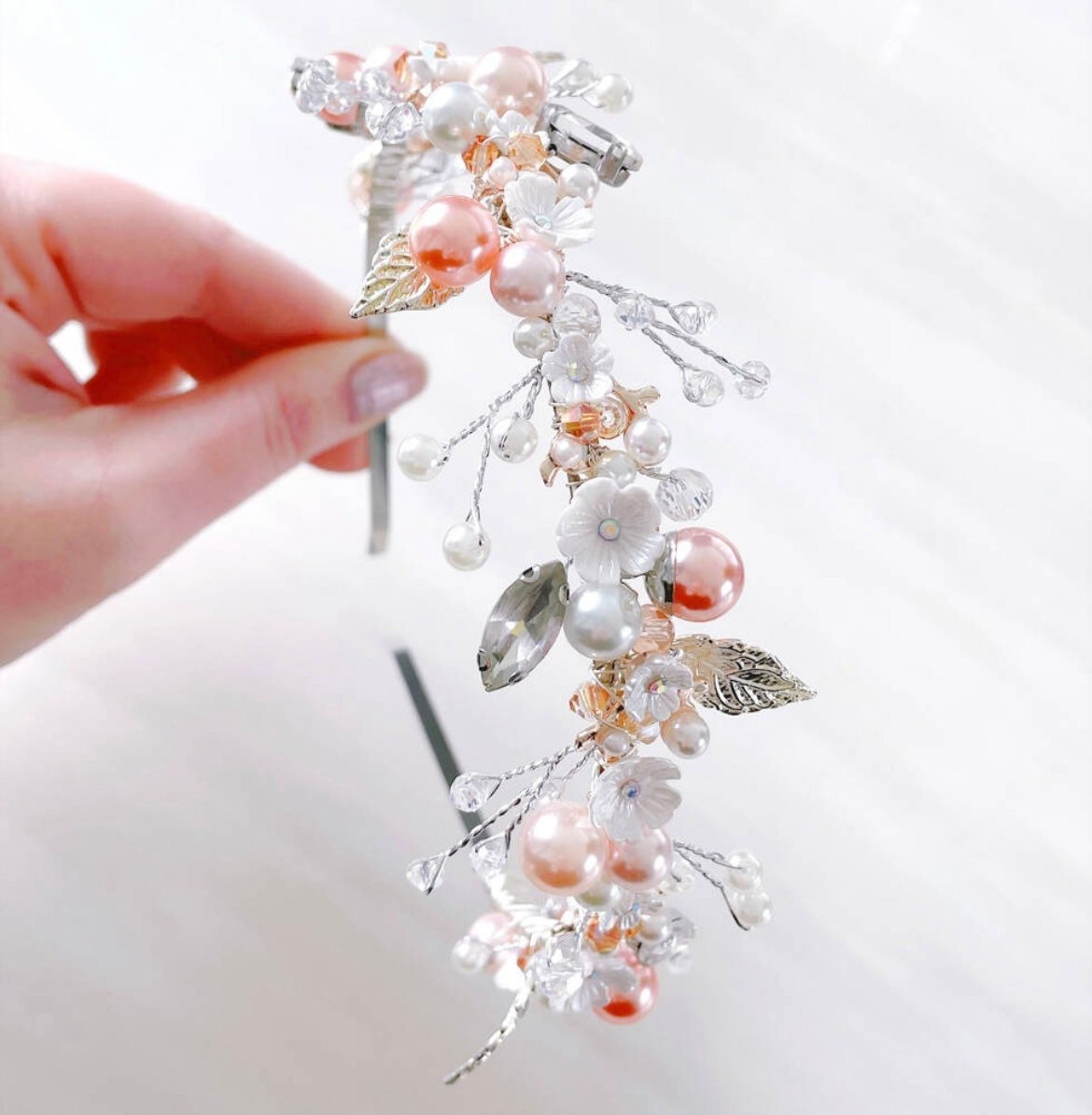 Coral and Silver leaf bridal headband - Petal & Pearl