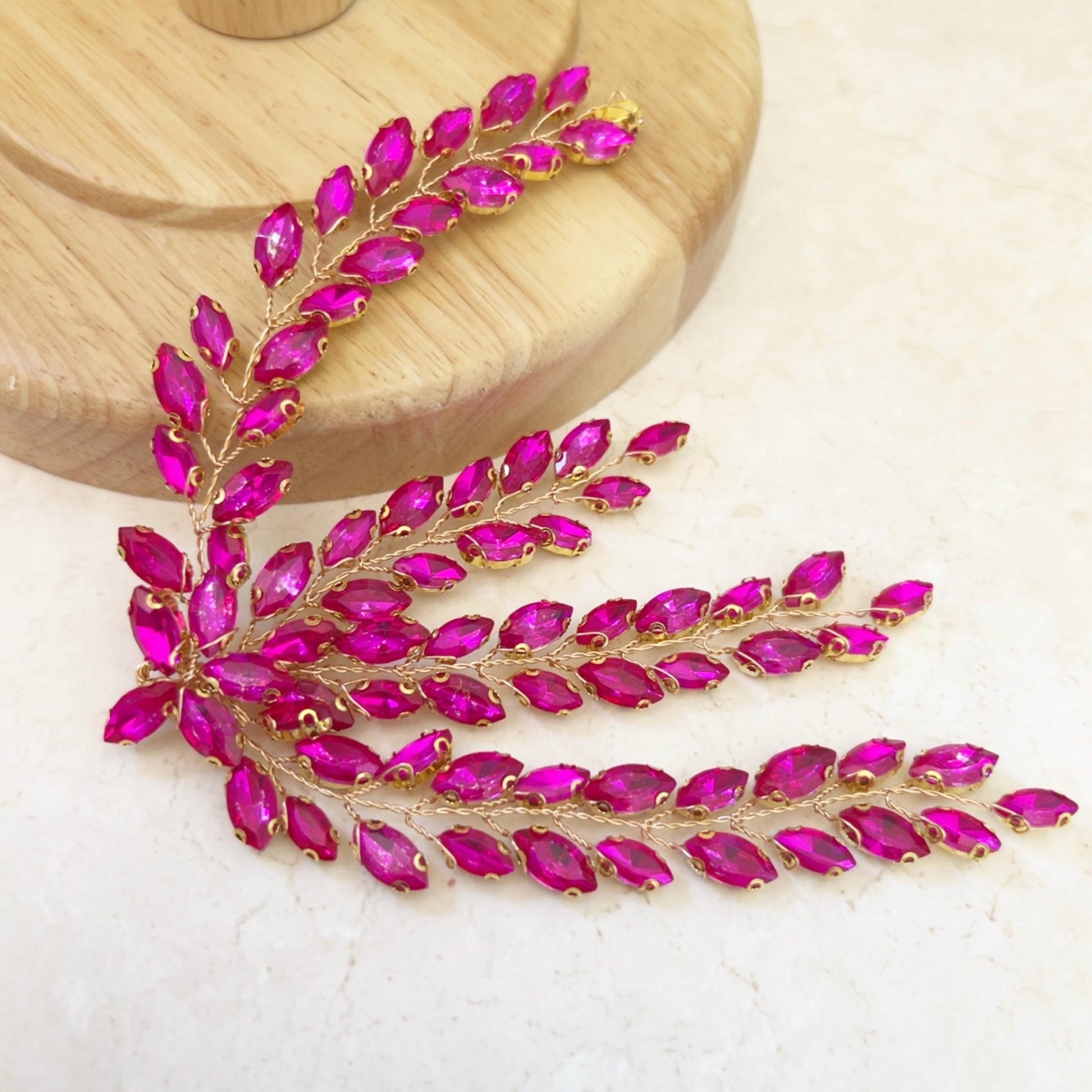 Crackled hot pink Crystal leaf headpiece - Petal & Pearl