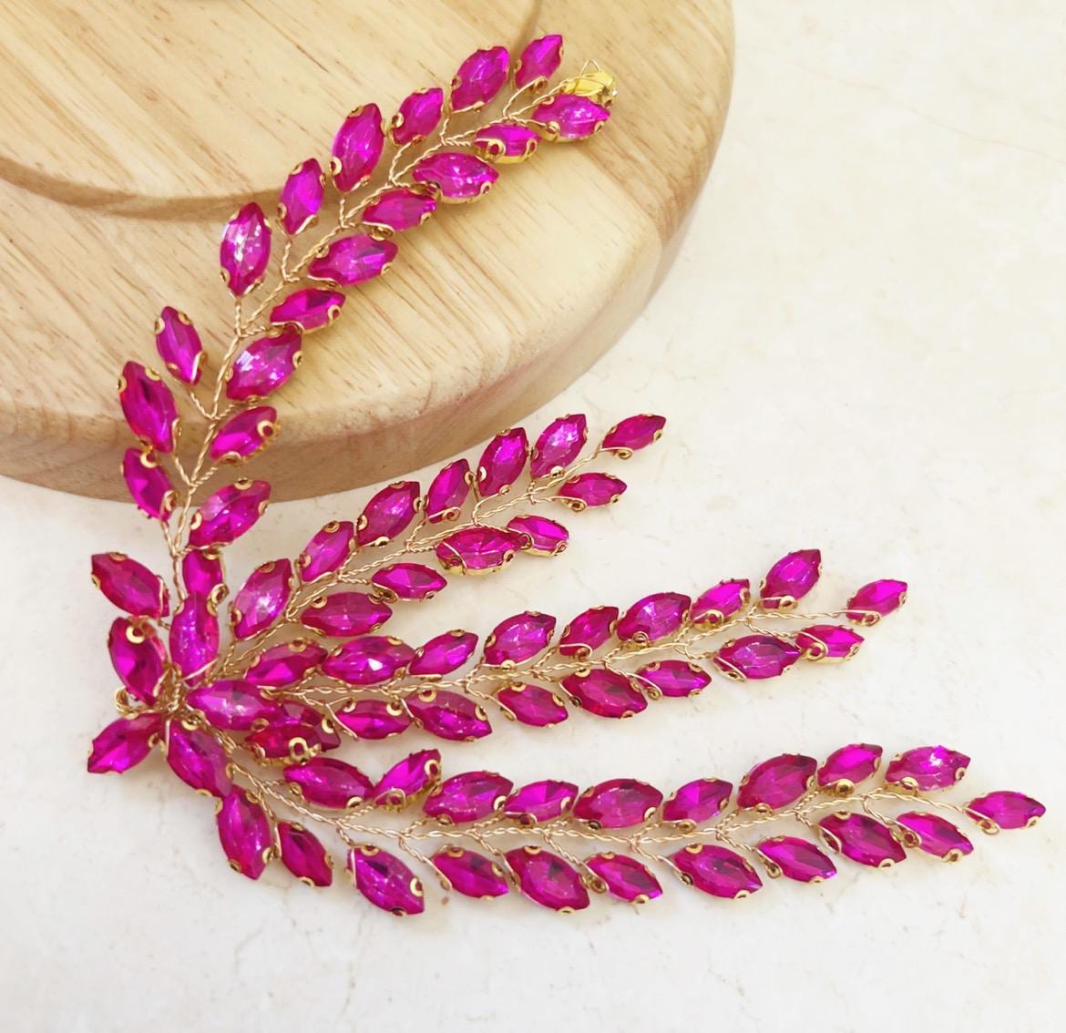 Crackled hot pink Crystal leaf headpiece - Petal & Pearl