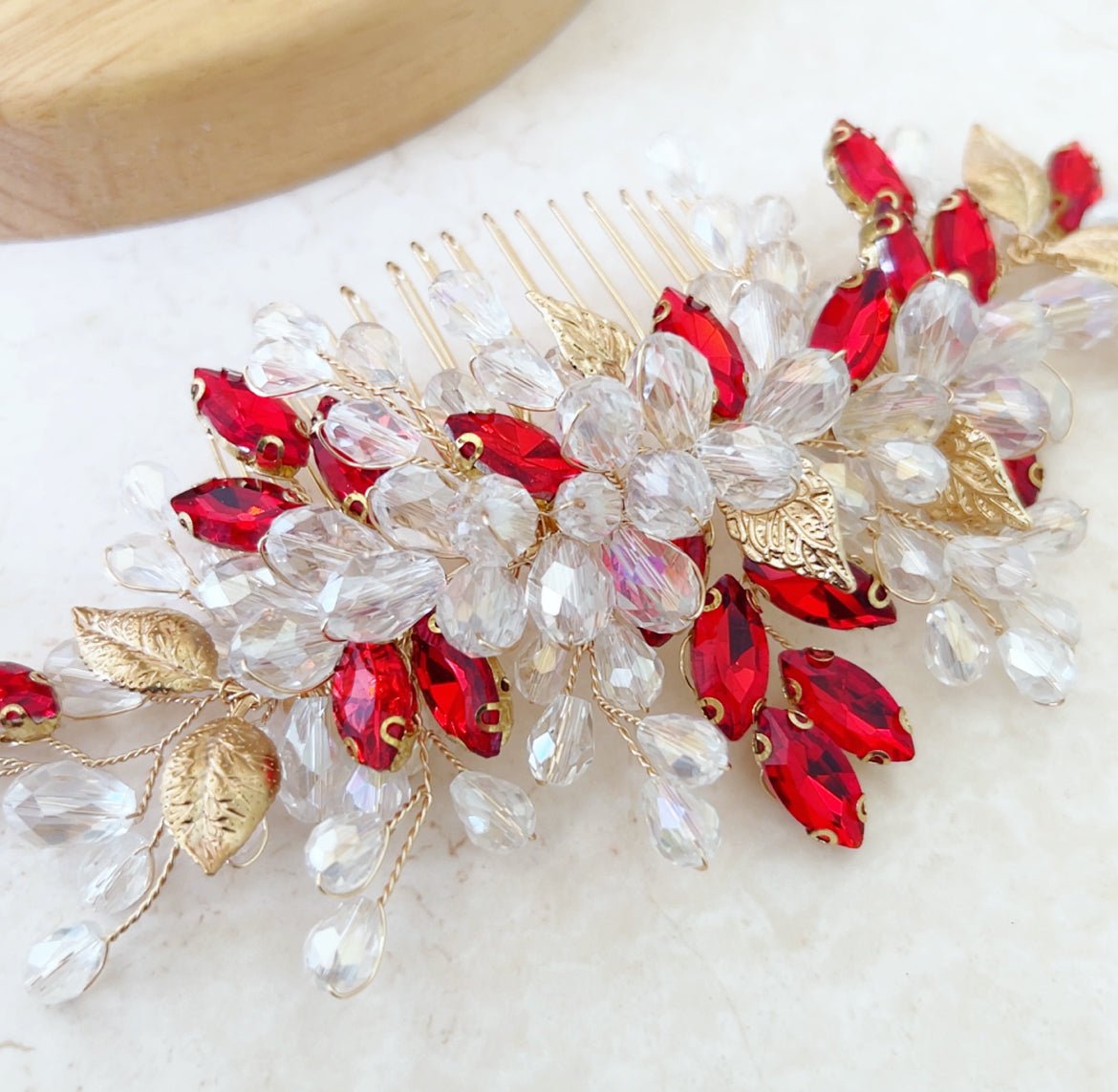 Elegant Crystal and Gold Leaf Hair Comb - Petal & Pearl