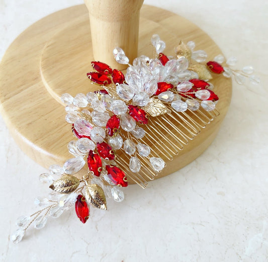 Elegant Crystal and Gold Leaf Hair Comb - Petal & Pearl