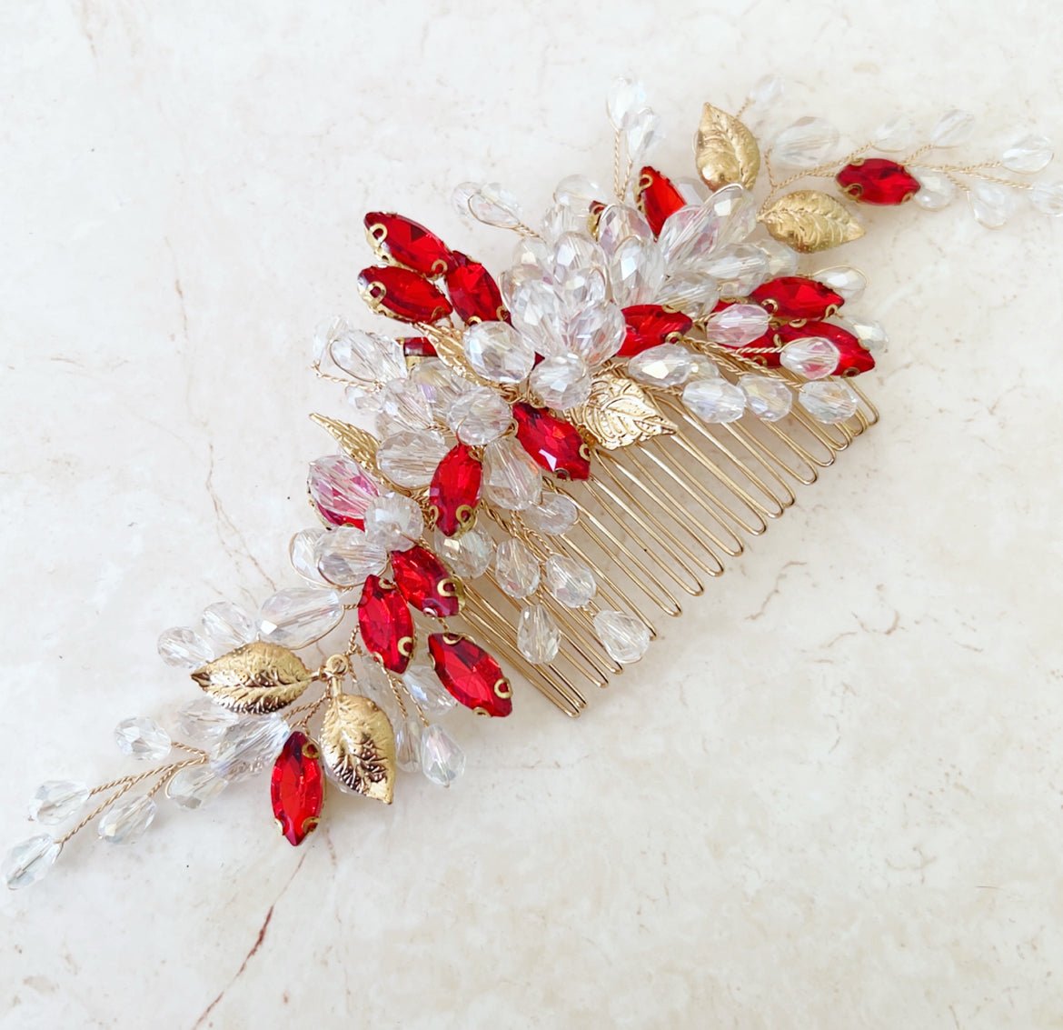 Elegant Crystal and Gold Leaf Hair Comb - Petal & Pearl