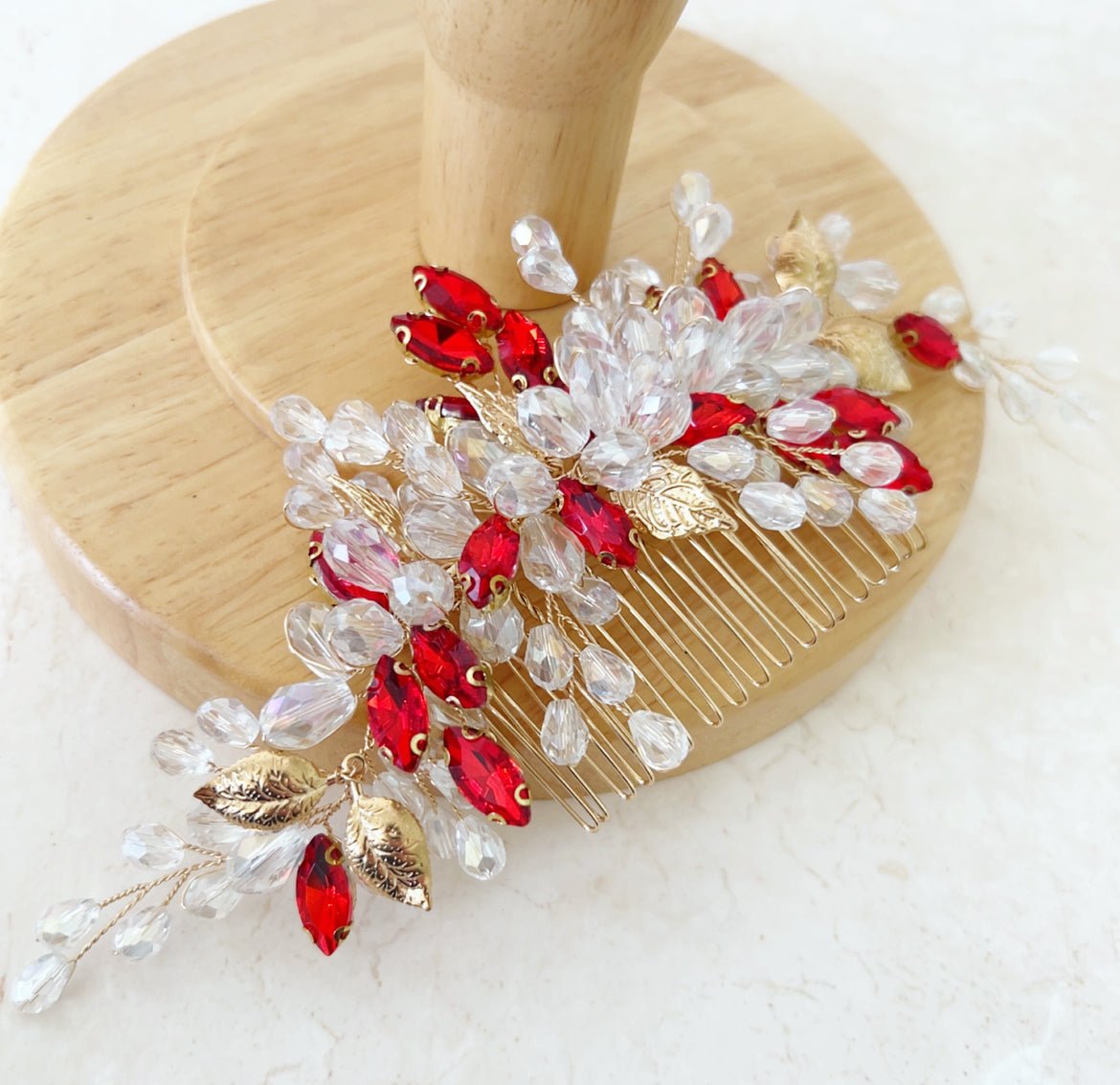 Elegant Crystal and Gold Leaf Hair Comb - Petal & Pearl