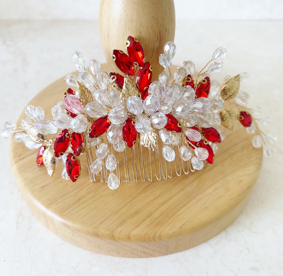 Elegant Crystal and Gold Leaf Hair Comb - Petal & Pearl