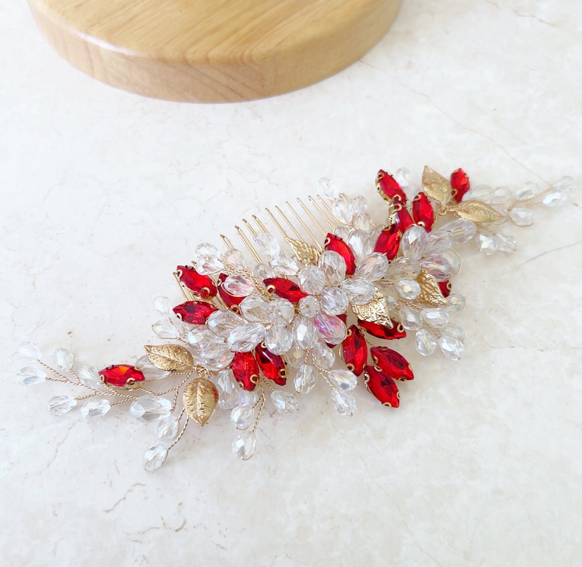 Elegant Crystal and Gold Leaf Hair Comb - Petal & Pearl