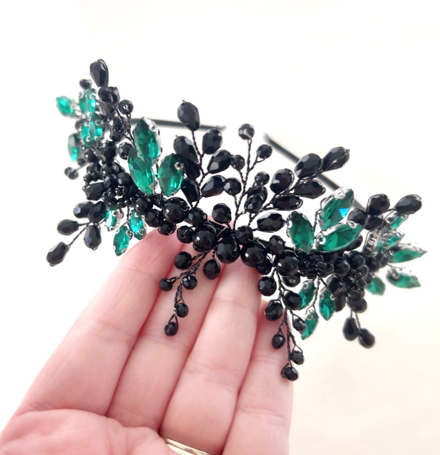 Emerald and Black crystal headband - Petal & Pearl