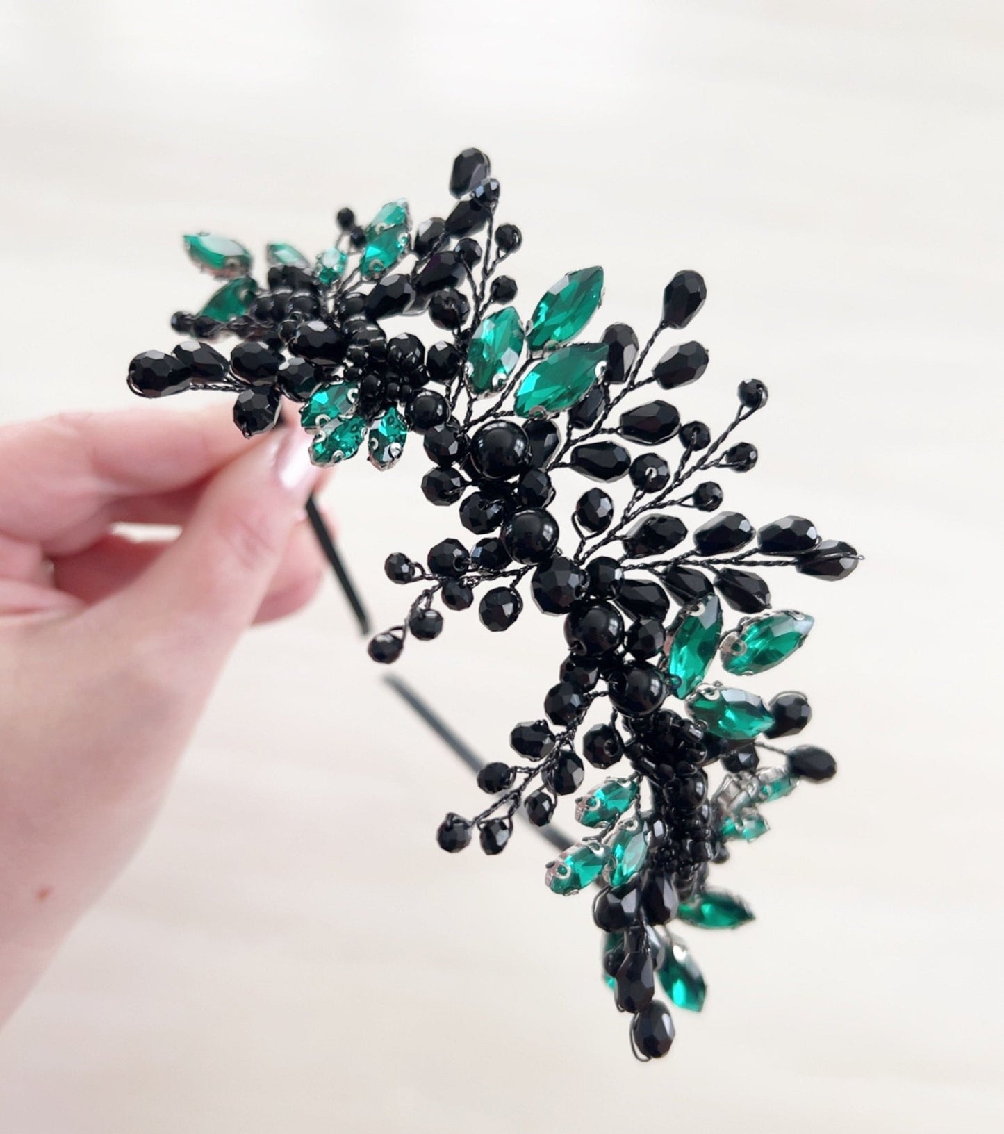 Emerald and Black crystal headband - Petal & Pearl