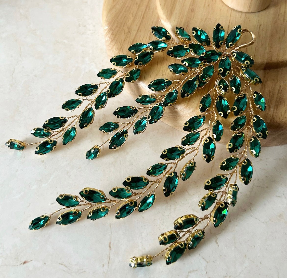 Emerald crystal leaf headpiece - Petal & Pearl