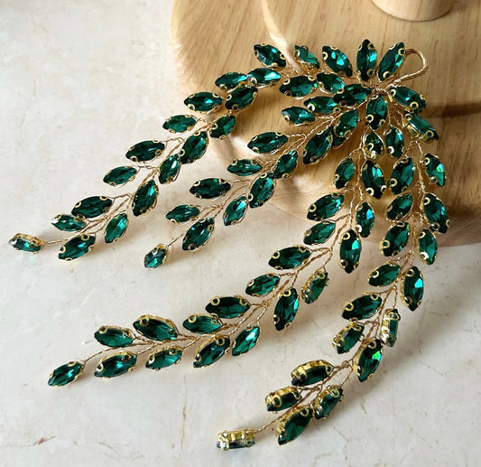 Emerald crystal leaf headpiece - Petal & Pearl