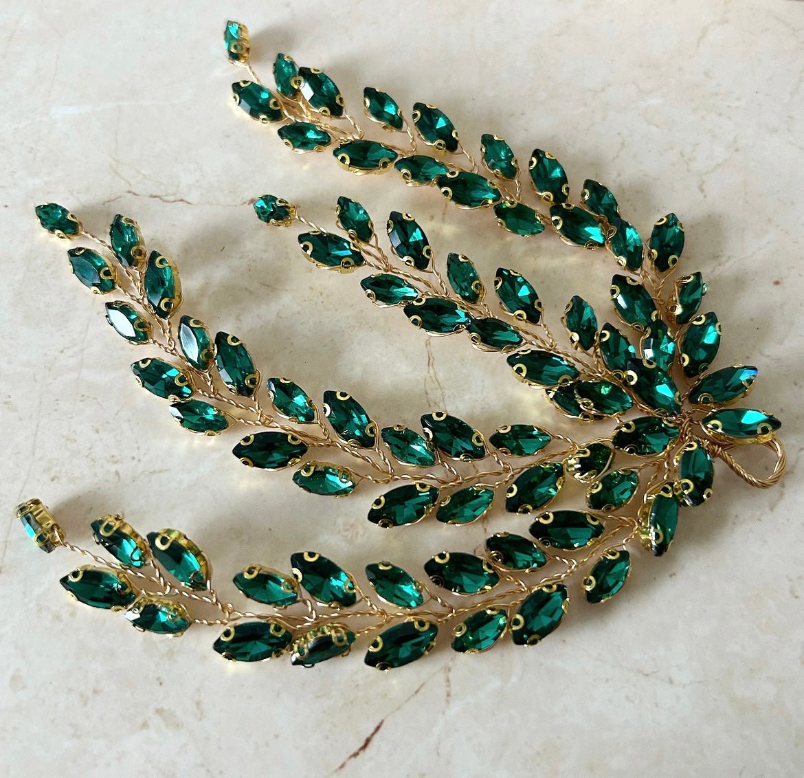 Emerald crystal leaf headpiece - Petal & Pearl