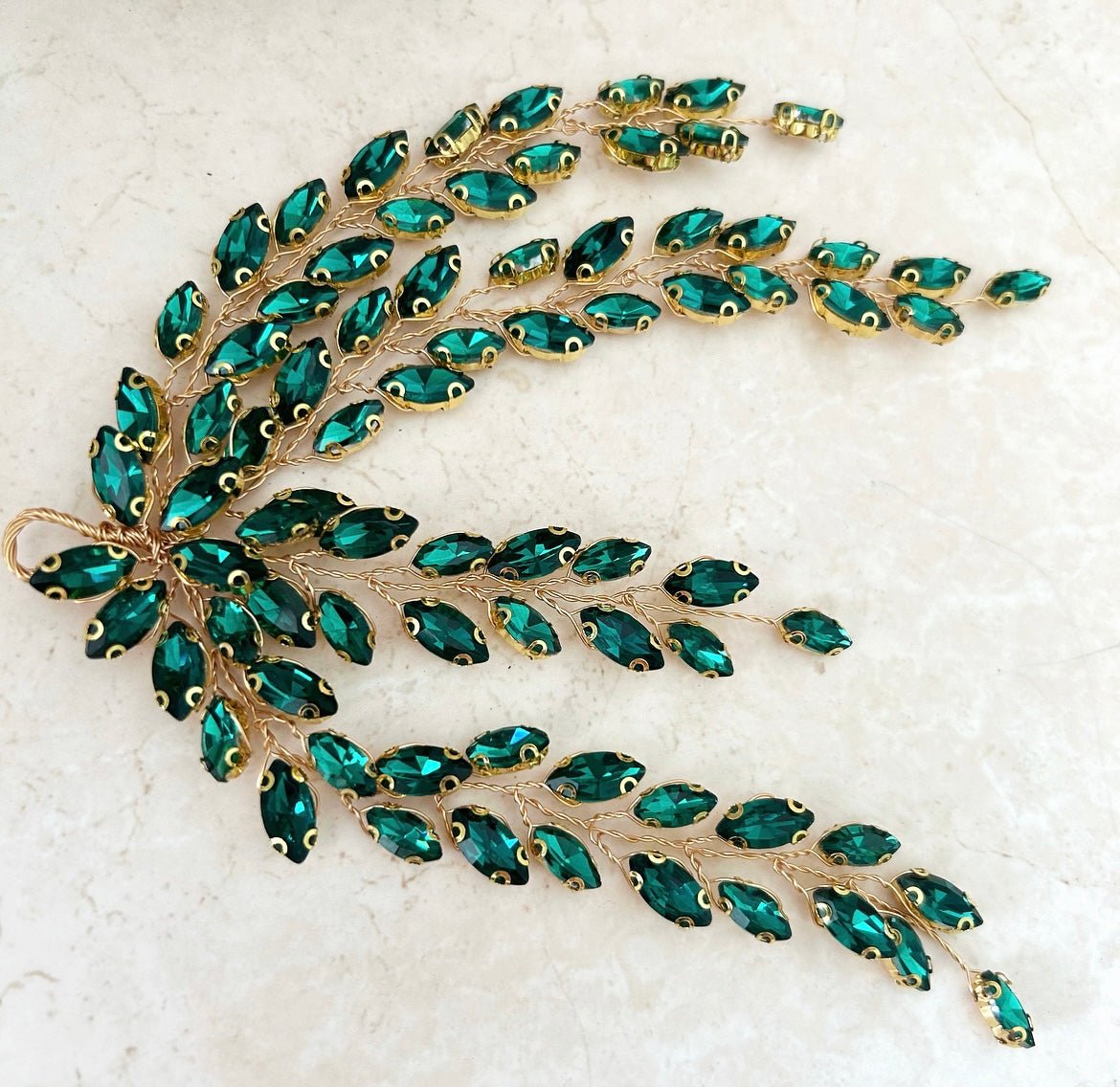 Emerald crystal leaf headpiece - Petal & Pearl