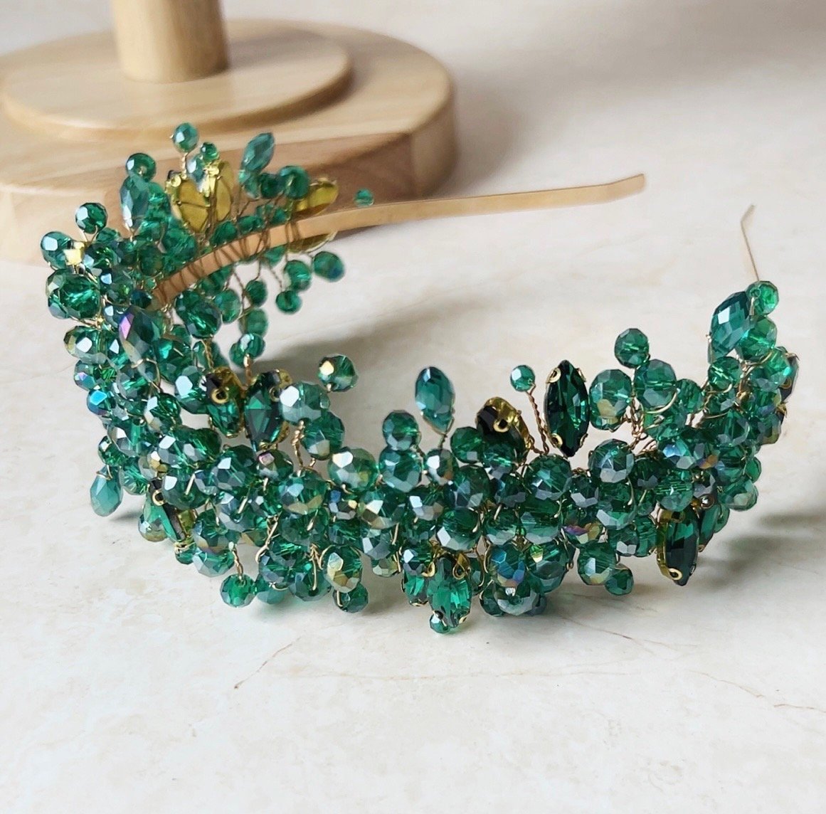 Emerald green crystal headpiece - Petal & Pearl