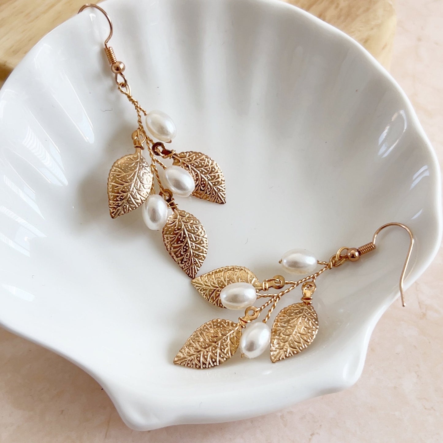 Gold leaf and Pearl bridal earrings - Petal & Pearl