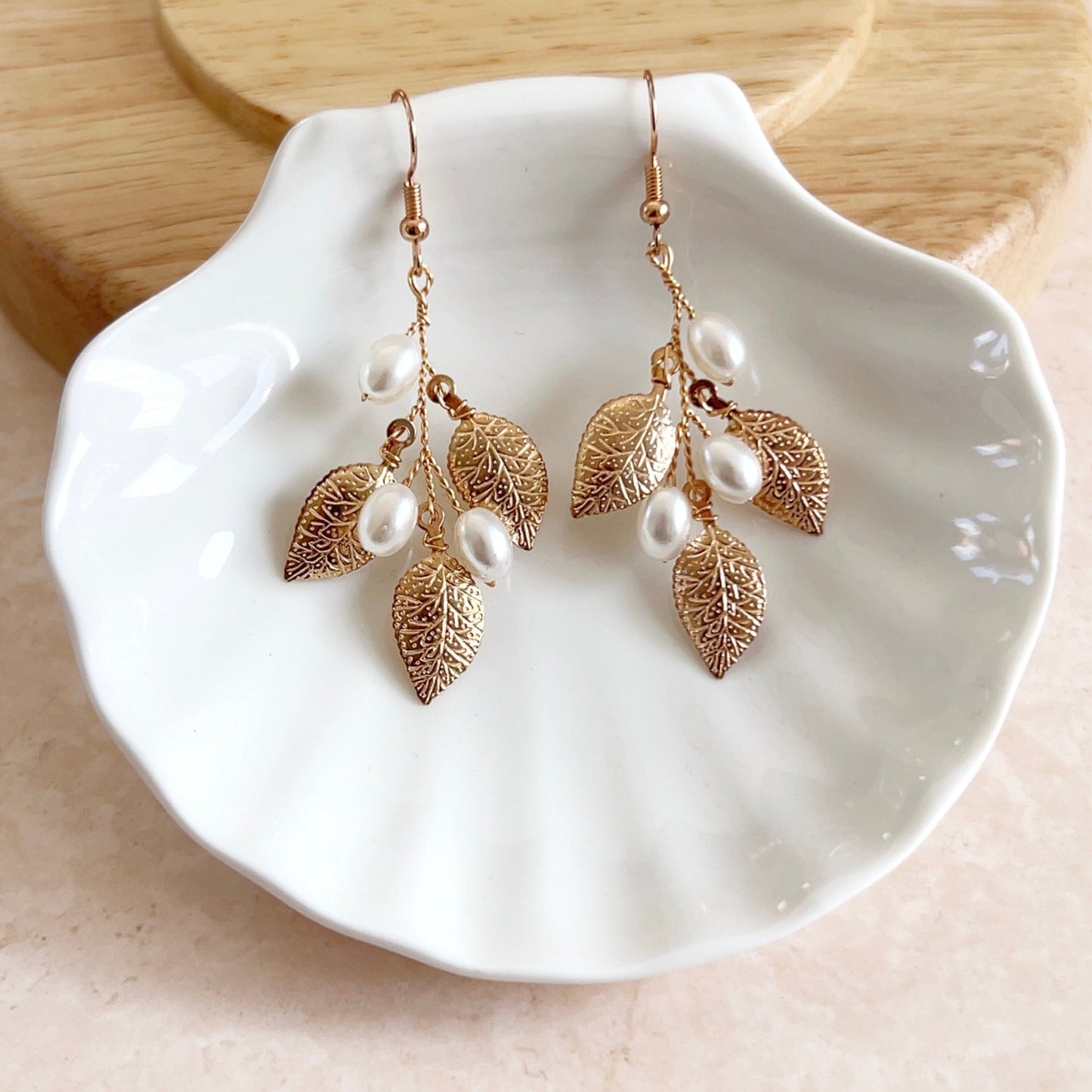 Gold leaf and Pearl bridal earrings - Petal & Pearl