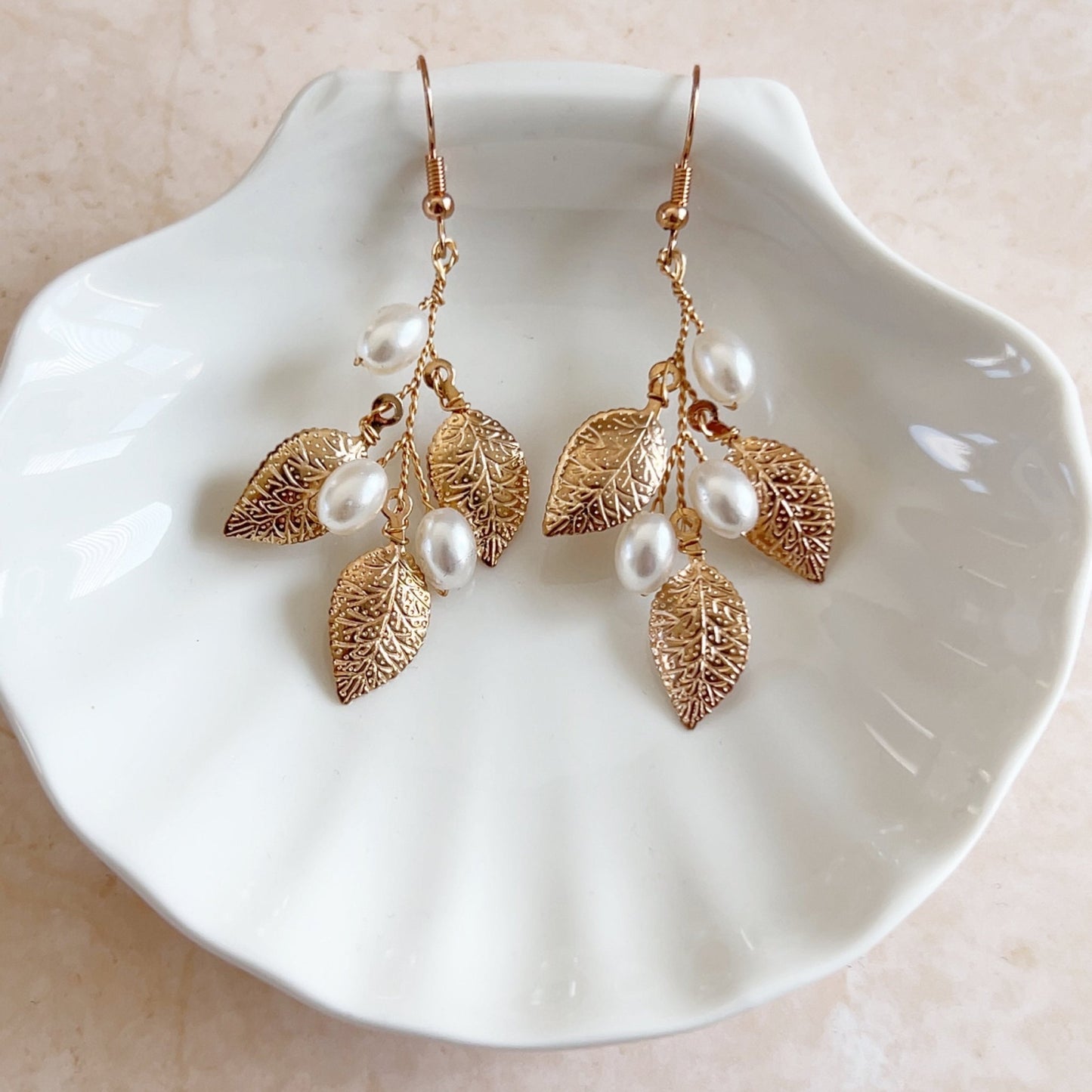 Gold leaf and Pearl bridal earrings - Petal & Pearl