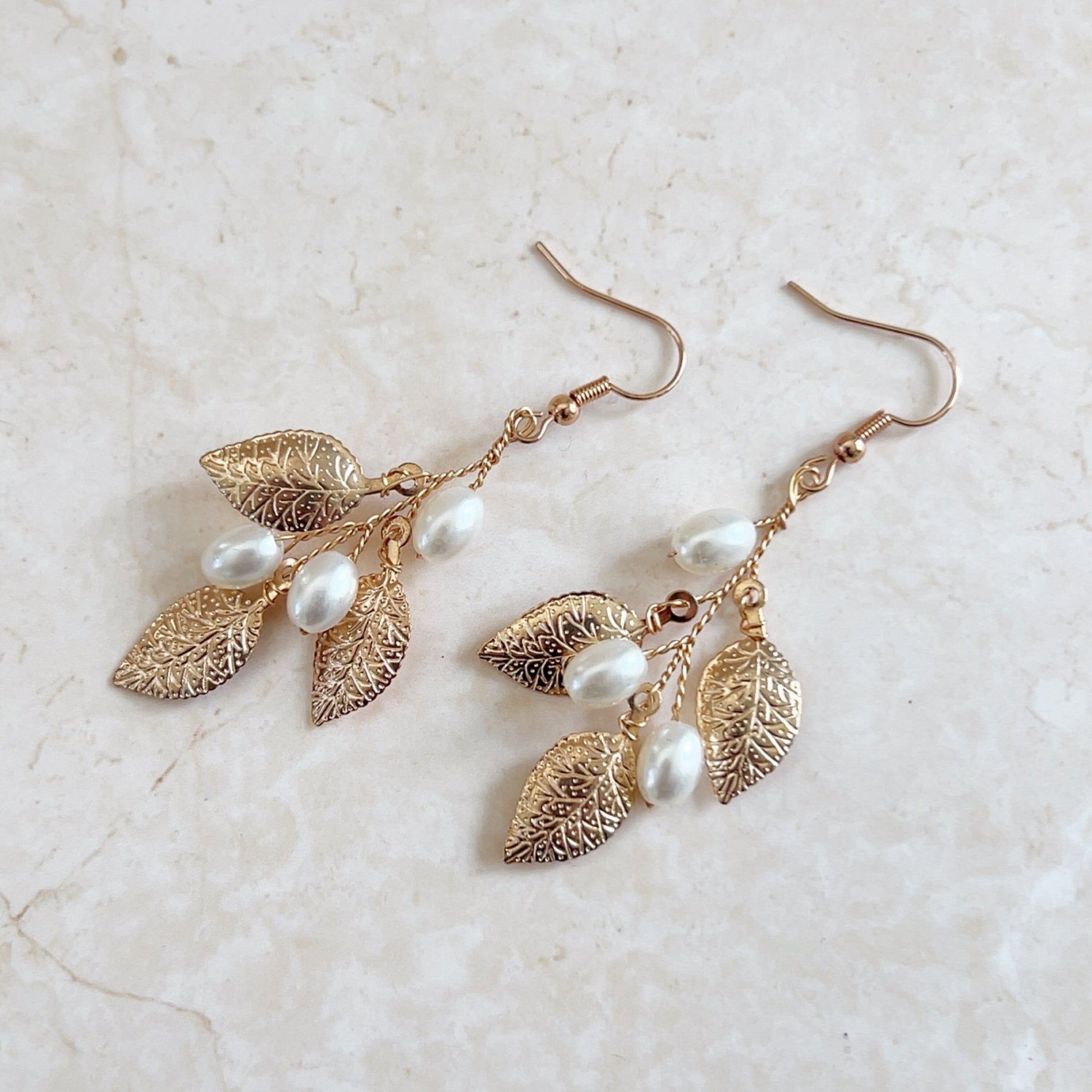 Gold leaf and Pearl bridal earrings - Petal & Pearl