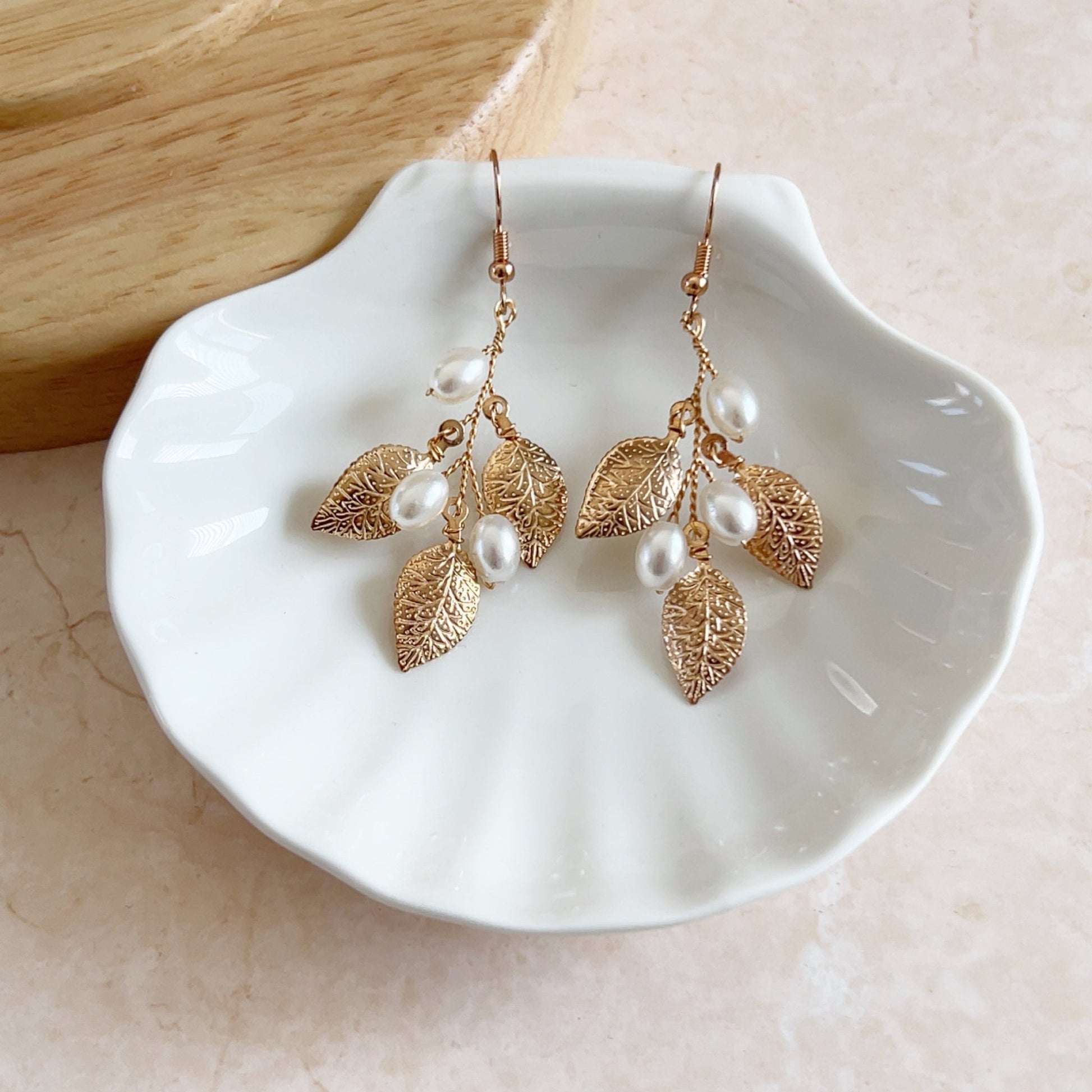 Gold leaf and Pearl bridal earrings - Petal & Pearl