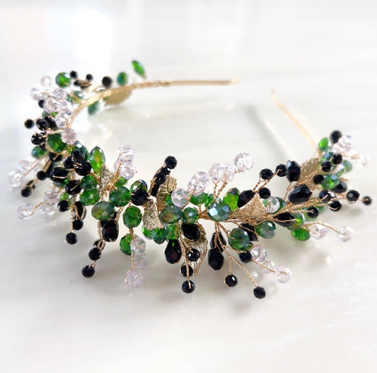 Green and black bridal and occasion headpiece - Petal & Pearl