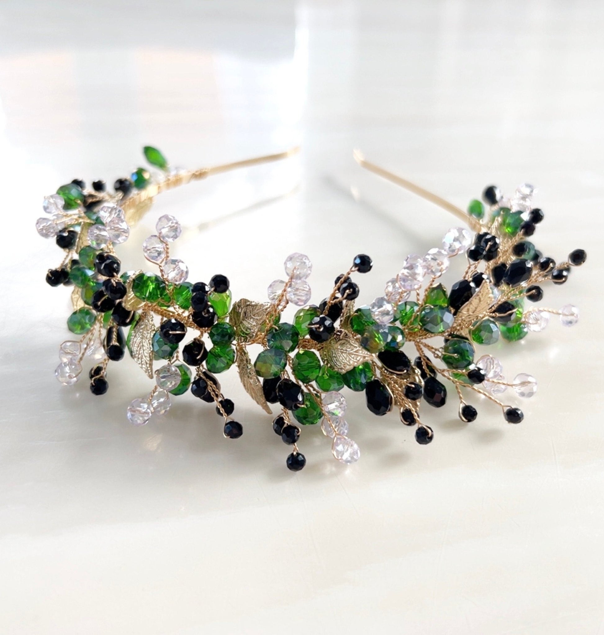 Green and black bridal and occasion headpiece - Petal & Pearl