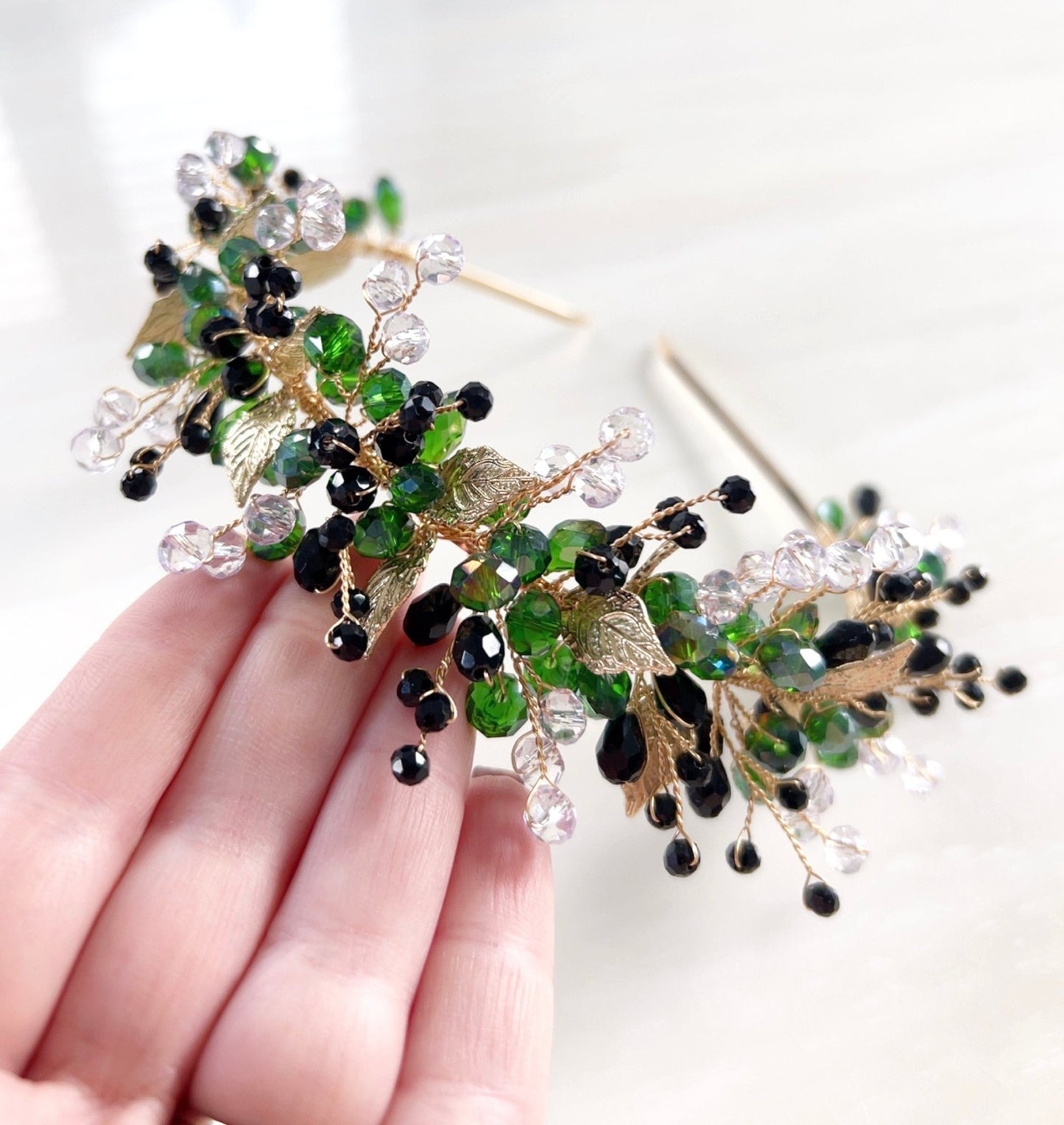 Green and black bridal and occasion headpiece - Petal & Pearl