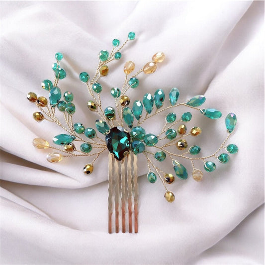 Green and gold hair comb - Petal & Pearl