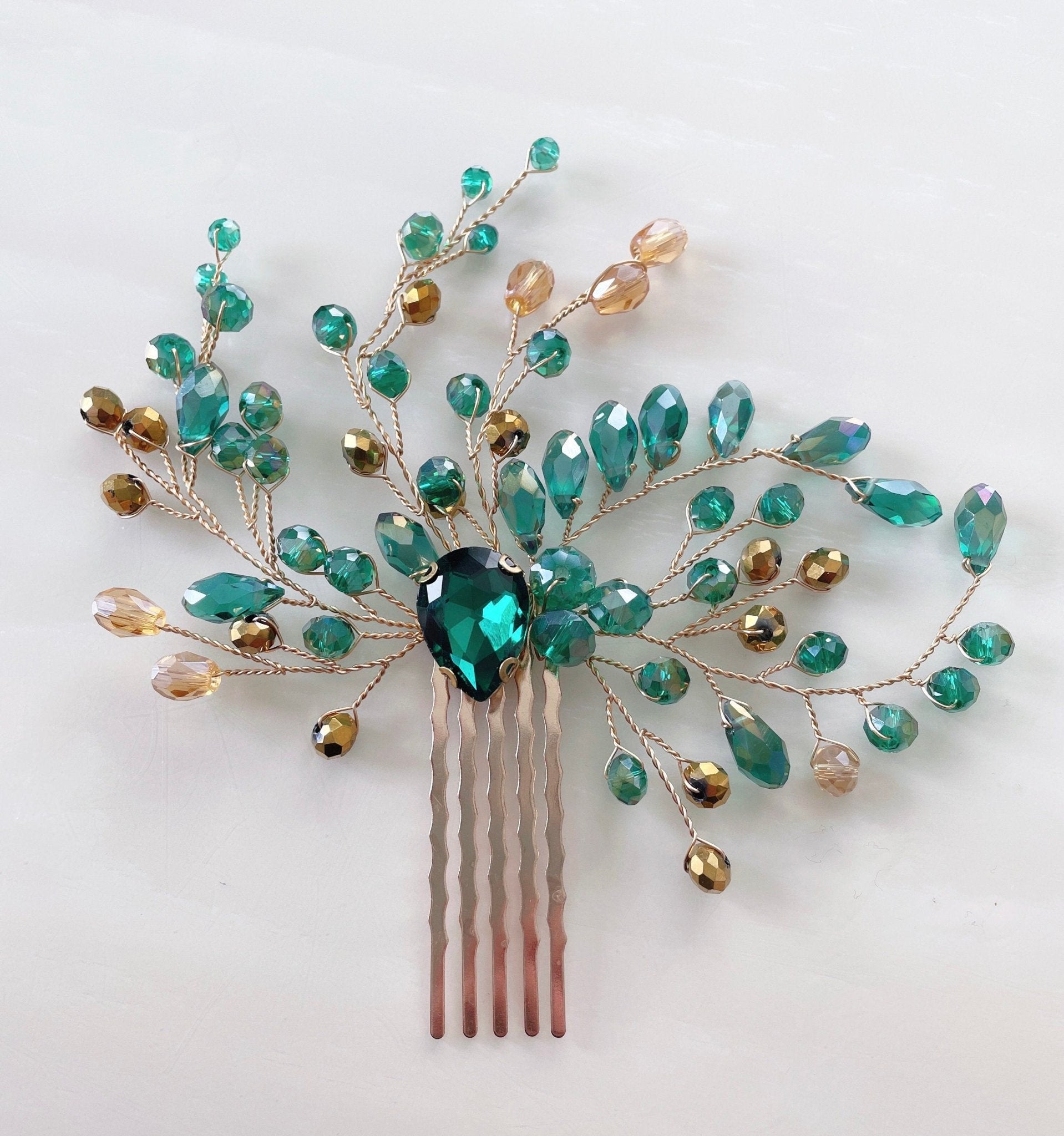 Green and gold hair comb - Petal & Pearl