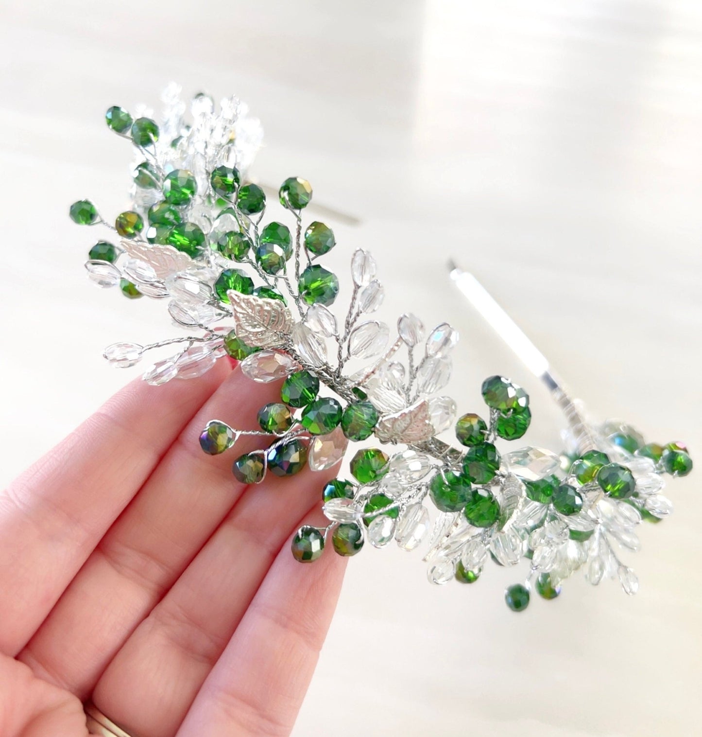 Green bohemian inspired bridal headpiece - Petal & Pearl