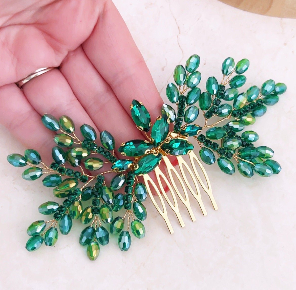 Green bow crystal hair comb - Petal & Pearl