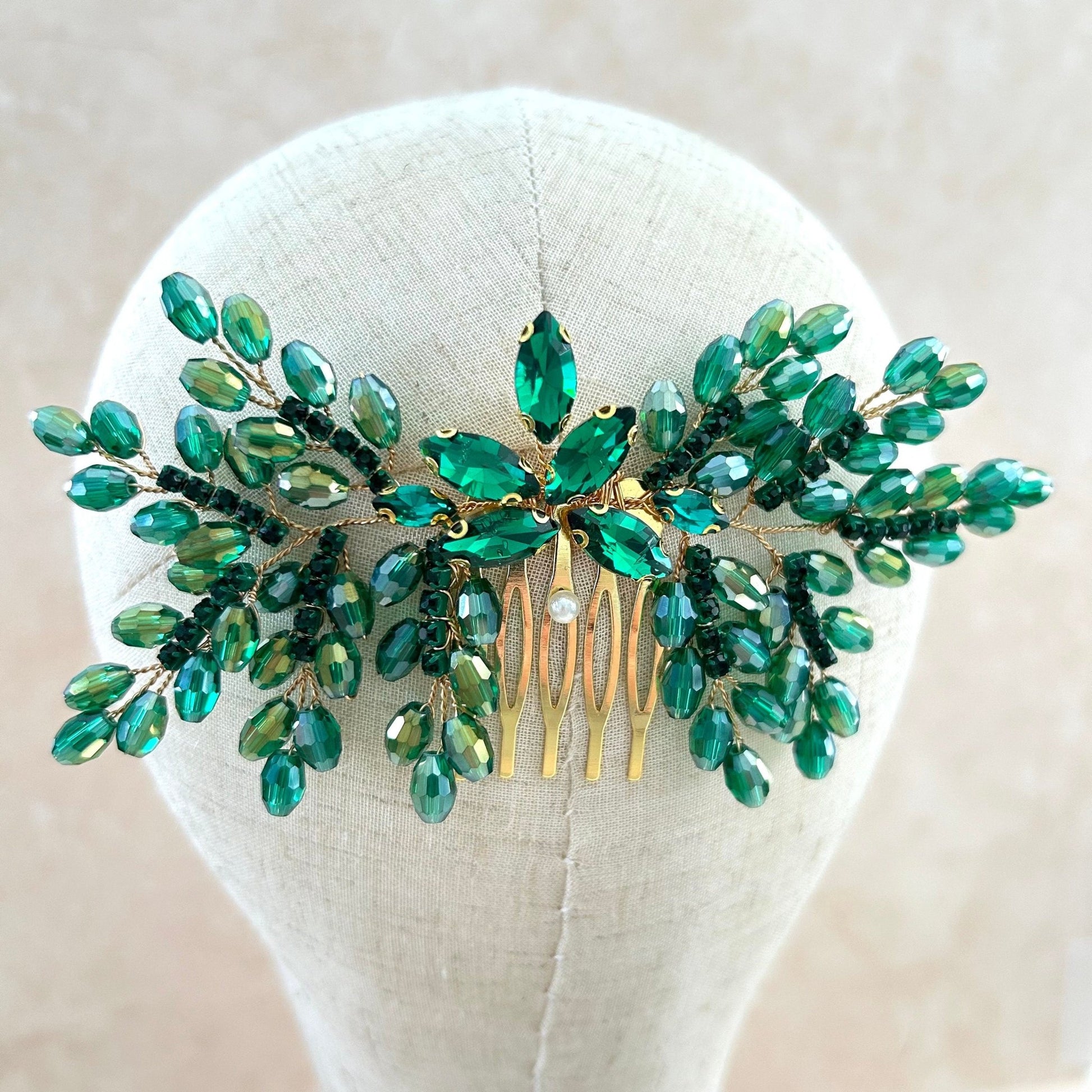 Green bow crystal hair comb - Petal & Pearl