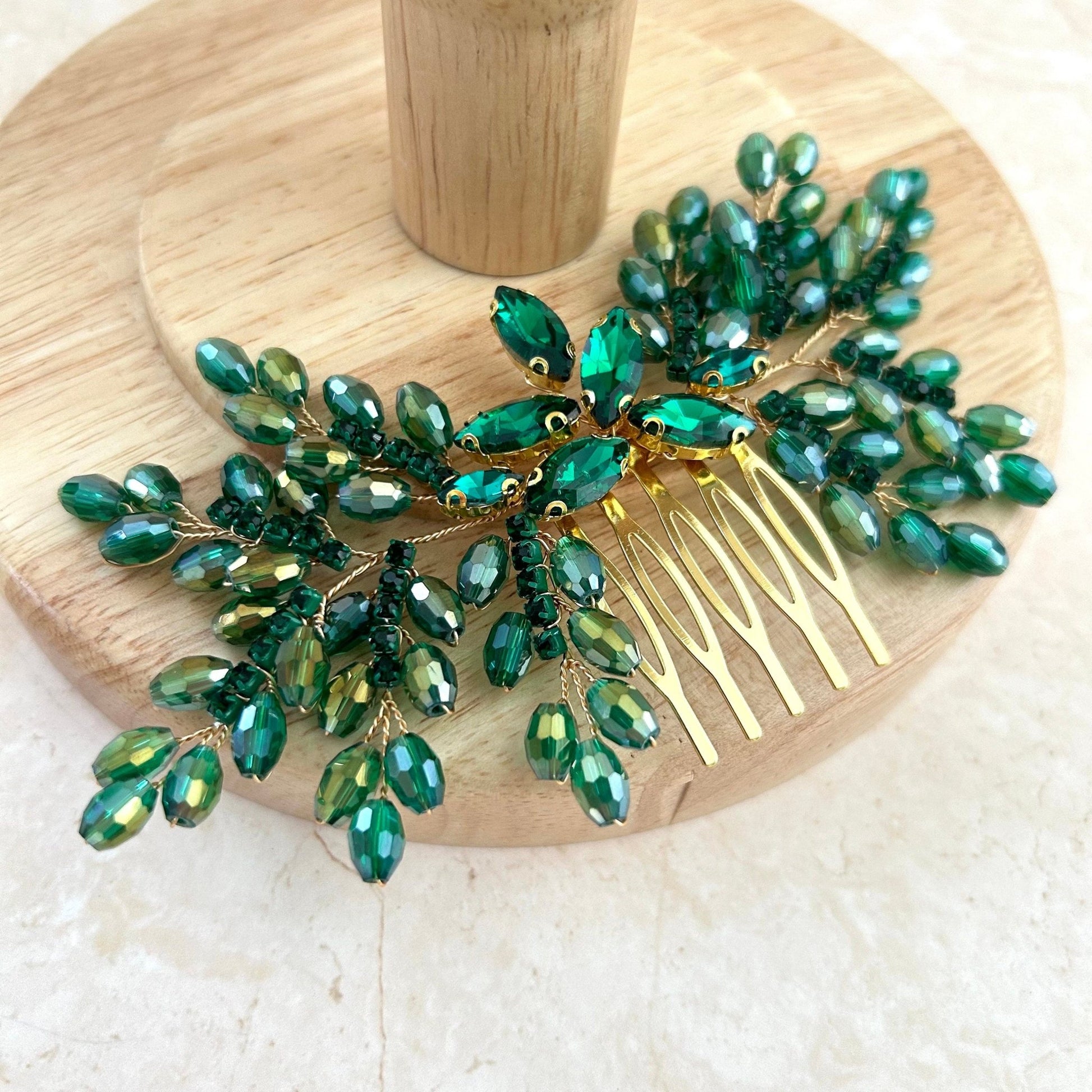Green bow crystal hair comb - Petal & Pearl