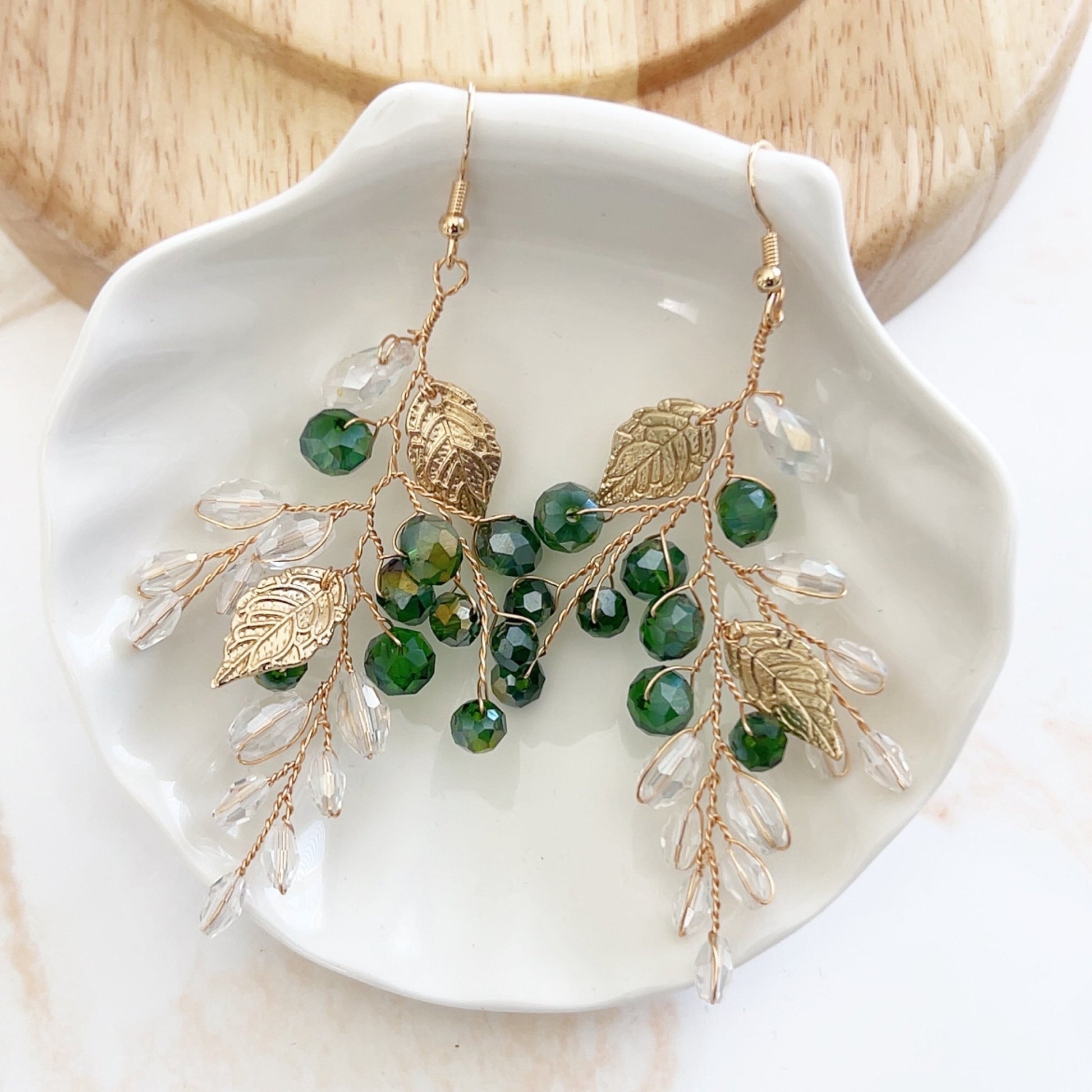 Green crystal and gold leaf earrings - Petal & Pearl