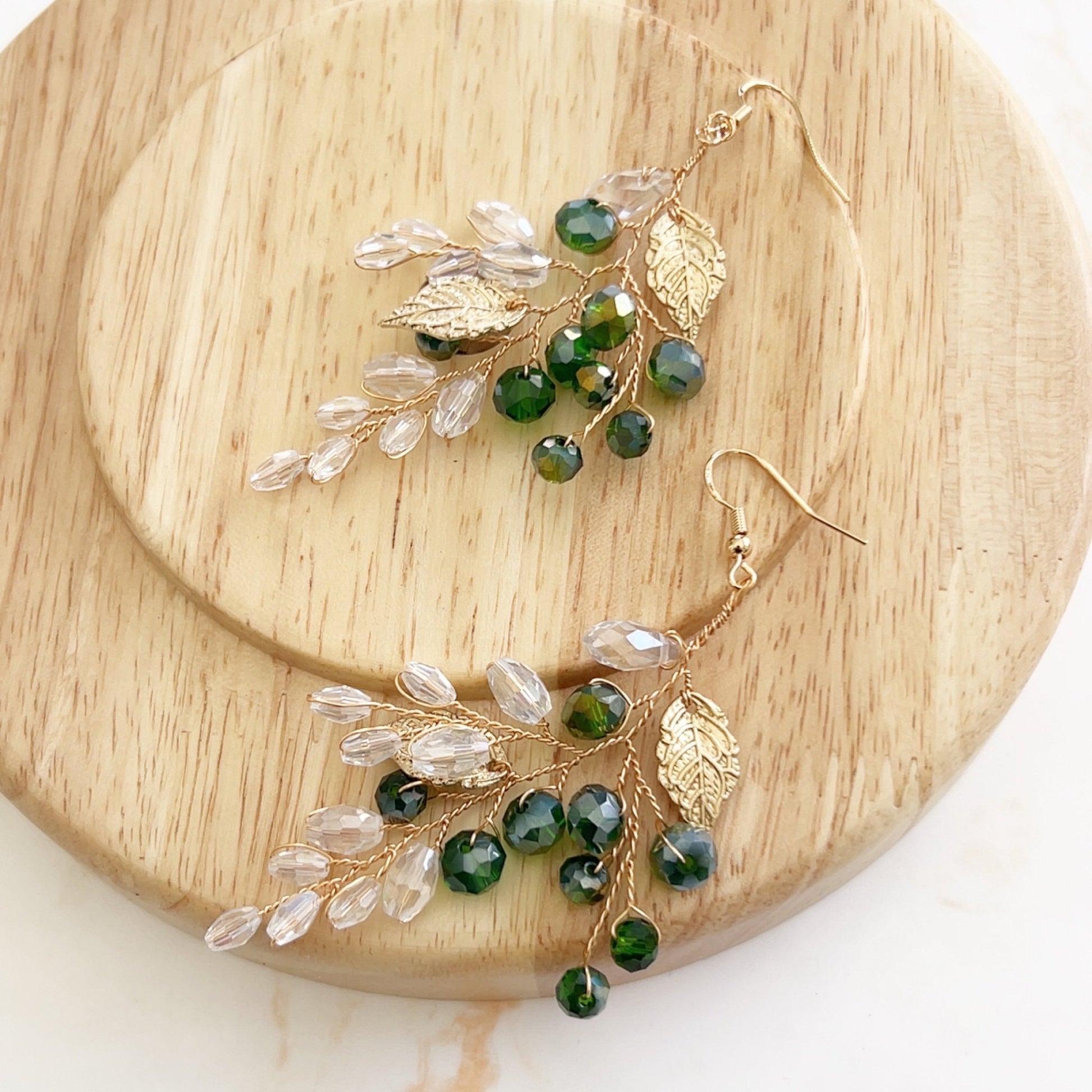 Green crystal and gold leaf earrings - Petal & Pearl