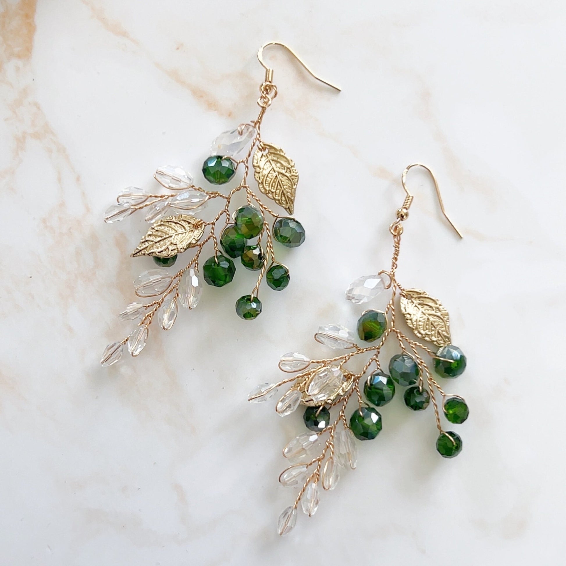 Green crystal and gold leaf earrings - Petal & Pearl