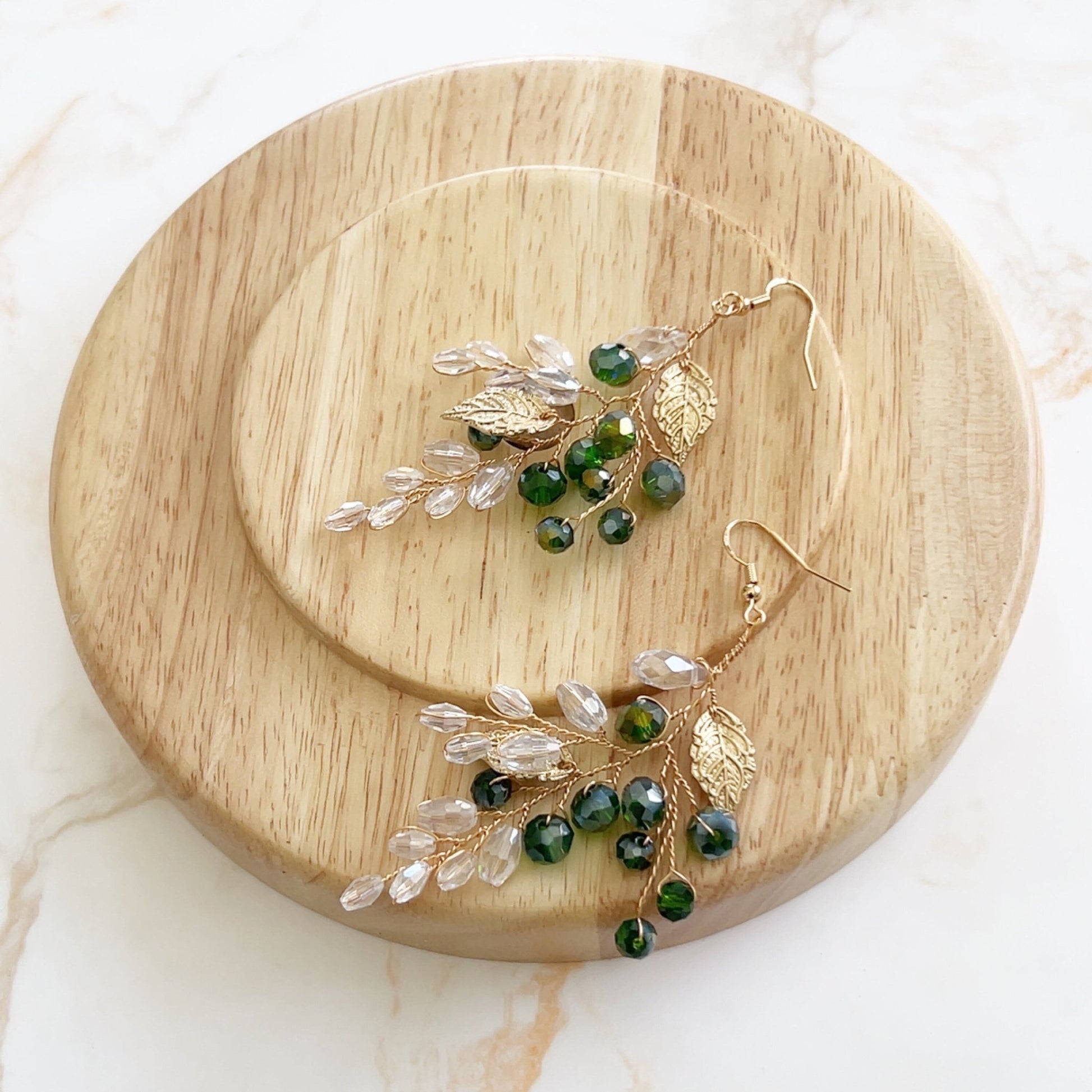 Green crystal and gold leaf earrings - Petal & Pearl