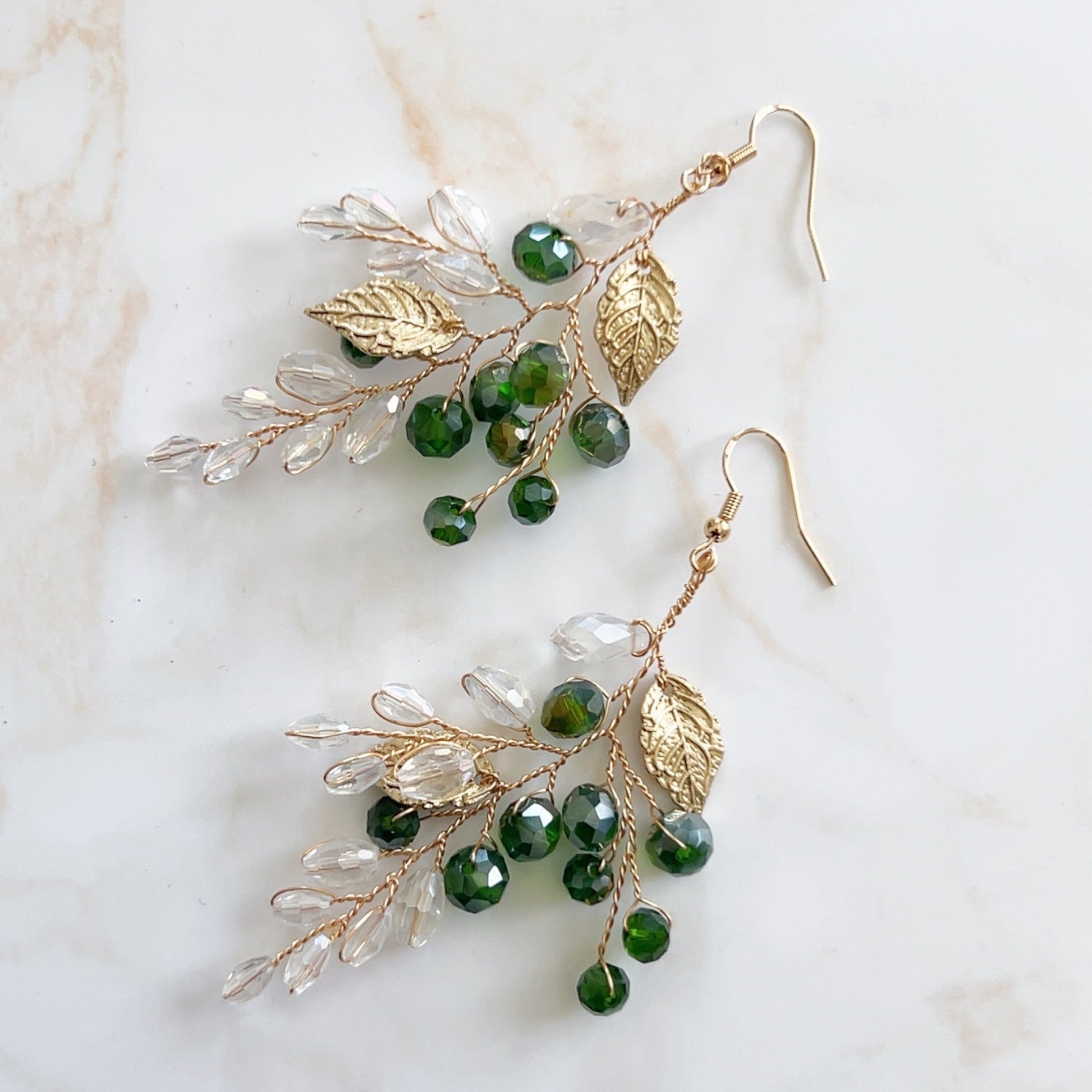 Green crystal and gold leaf earrings - Petal & Pearl