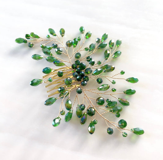 Green crystal decorative hair comb - Petal & Pearl