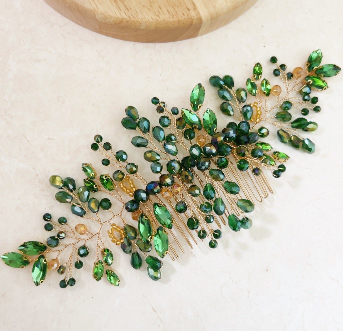 Green crystal hair comb - Petal & Pearl