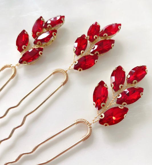 set of 3 vibrant red crystal hair pins