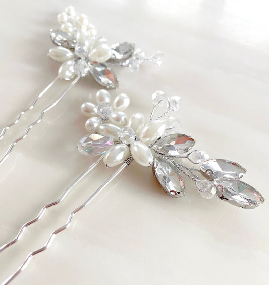 Pearl and crystal hair pins