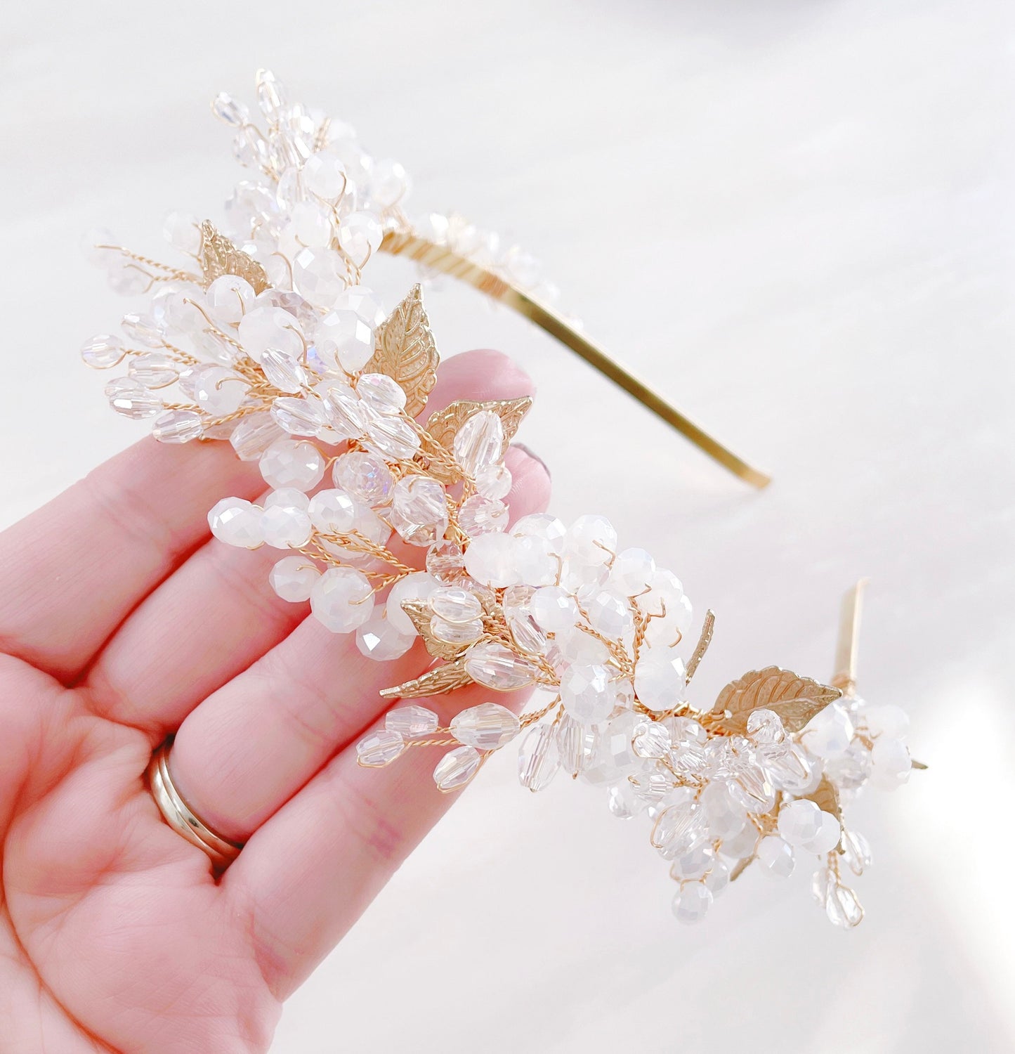 White crystal and gold leaf headpiece