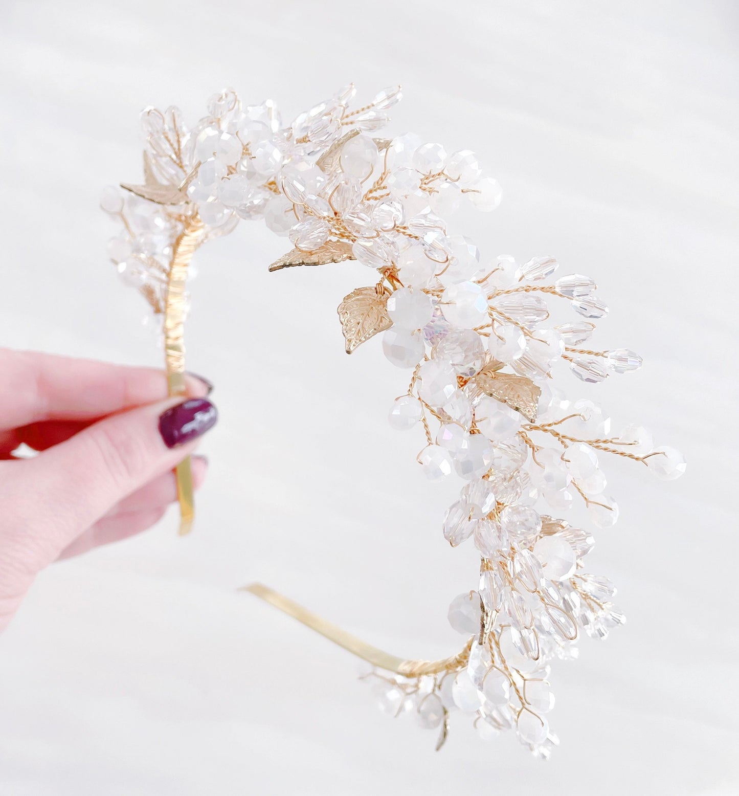 White crystal and gold leaf headpiece