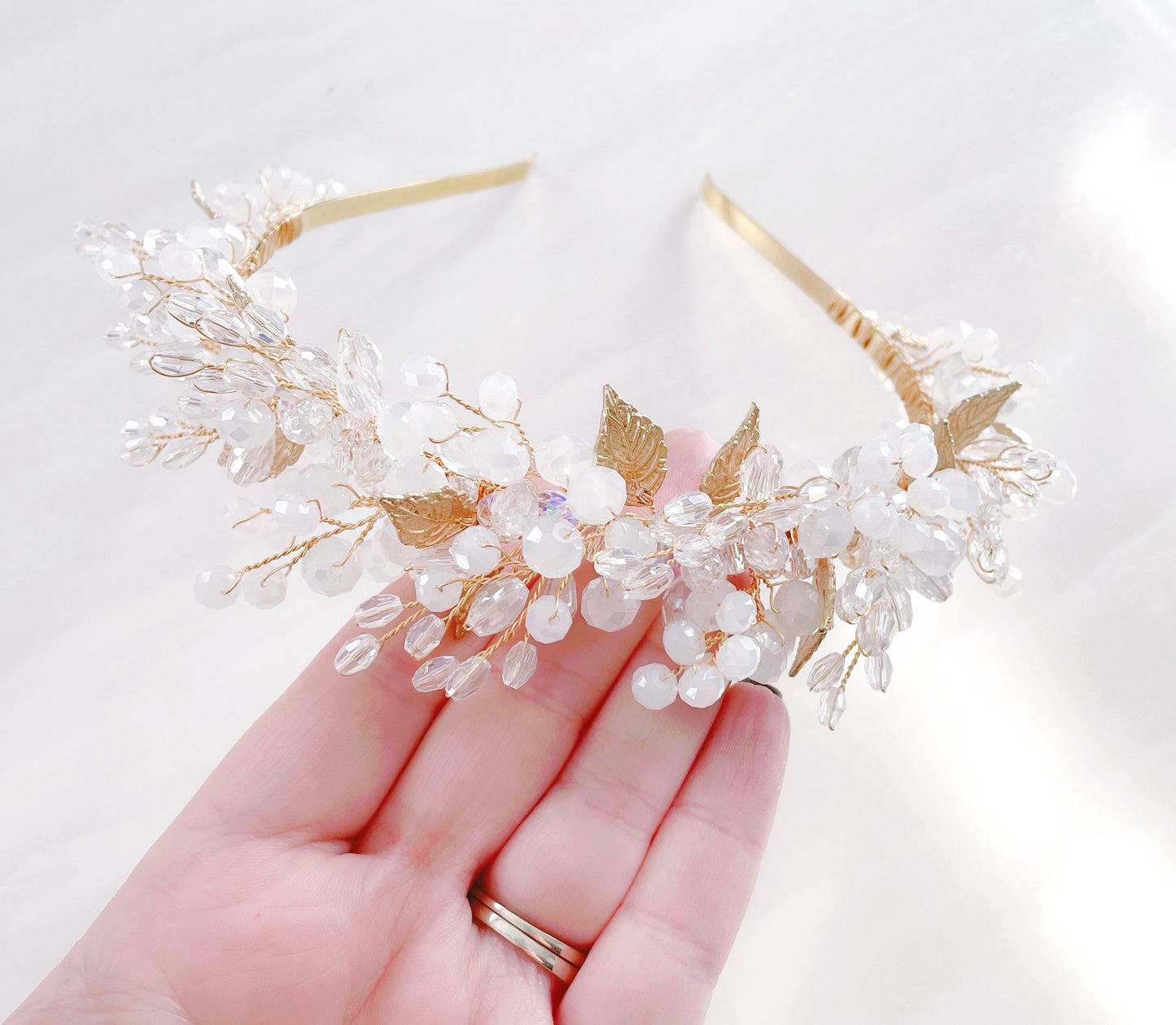 White crystal and gold leaf headpiece