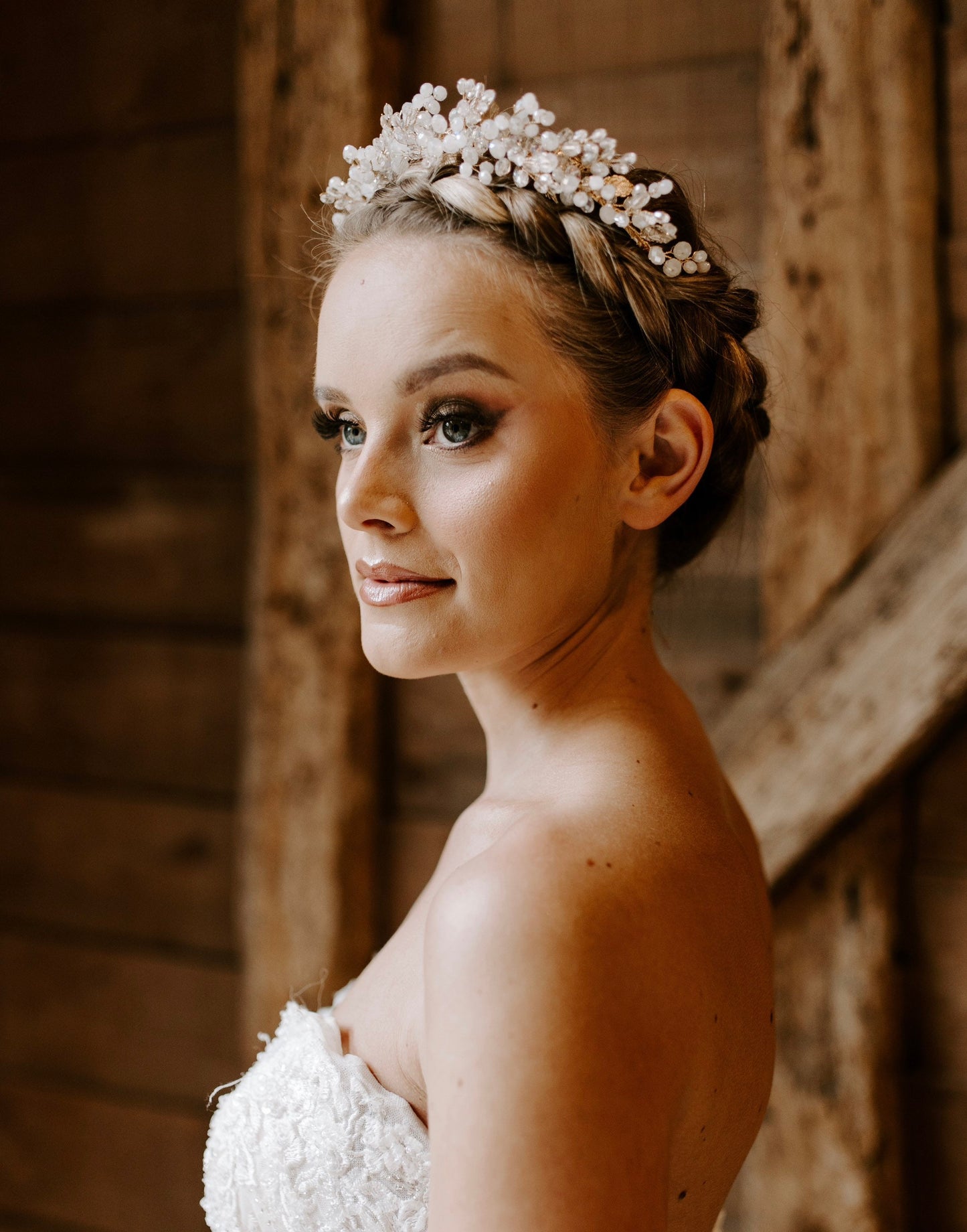 White crystal and gold leaf headpiece