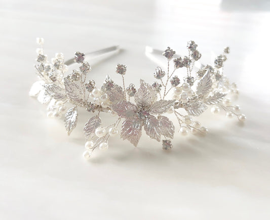 Silver leaf bridal headband