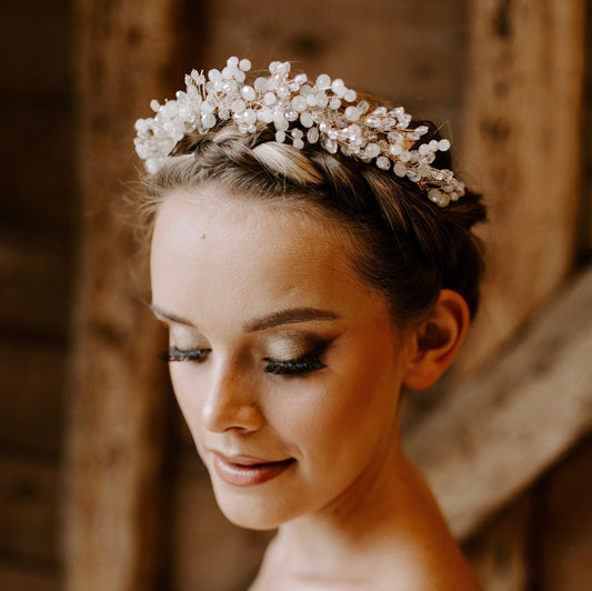 White crystal and gold leaf headpiece