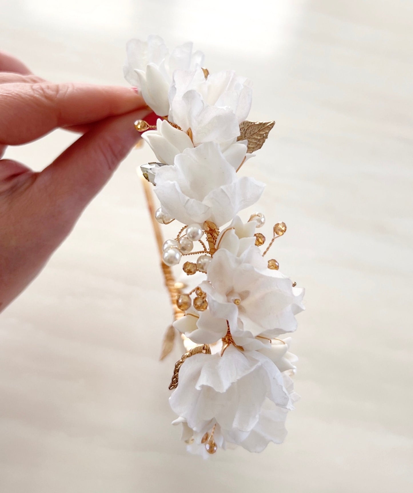 White and gold bridal flower crown