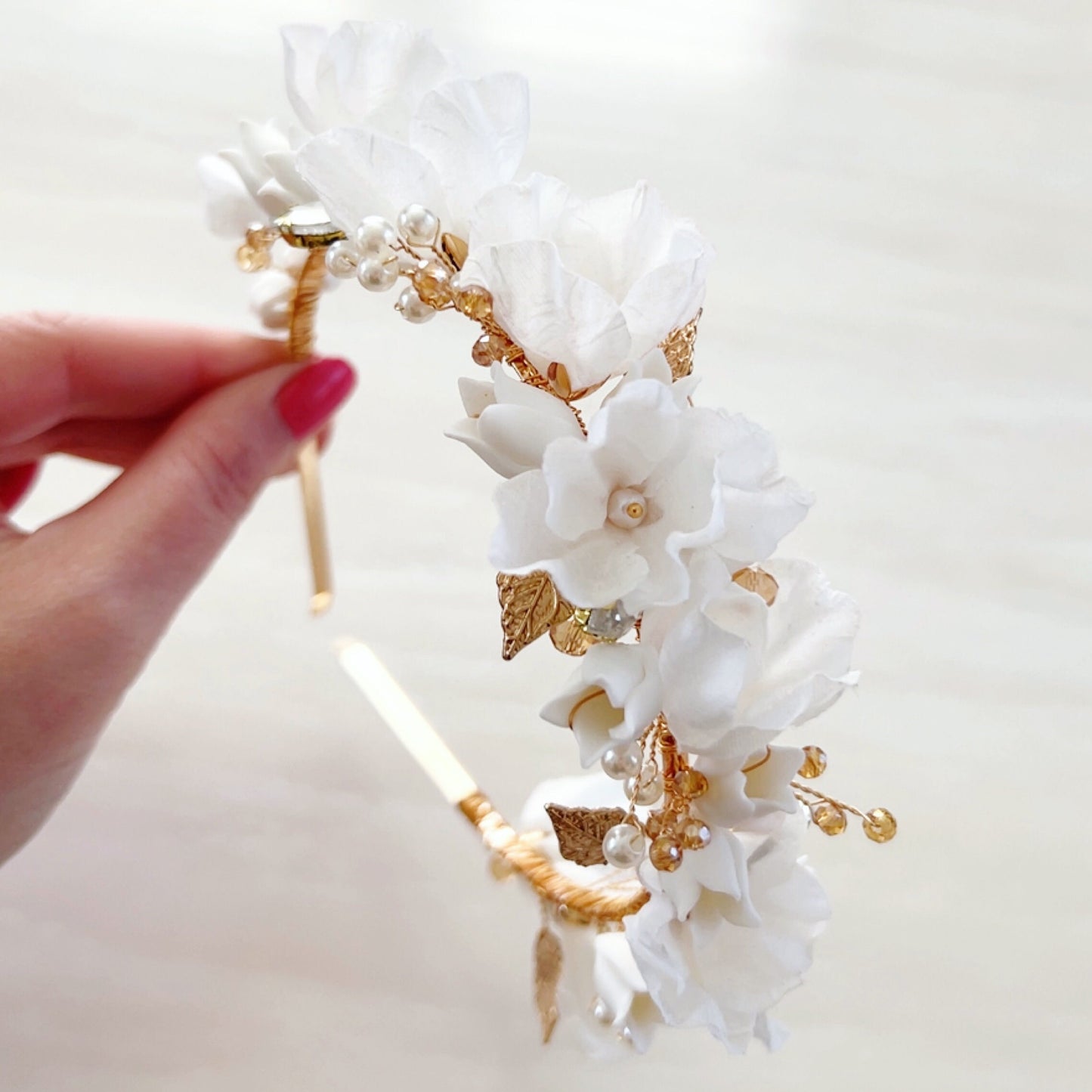 White and gold bridal flower crown